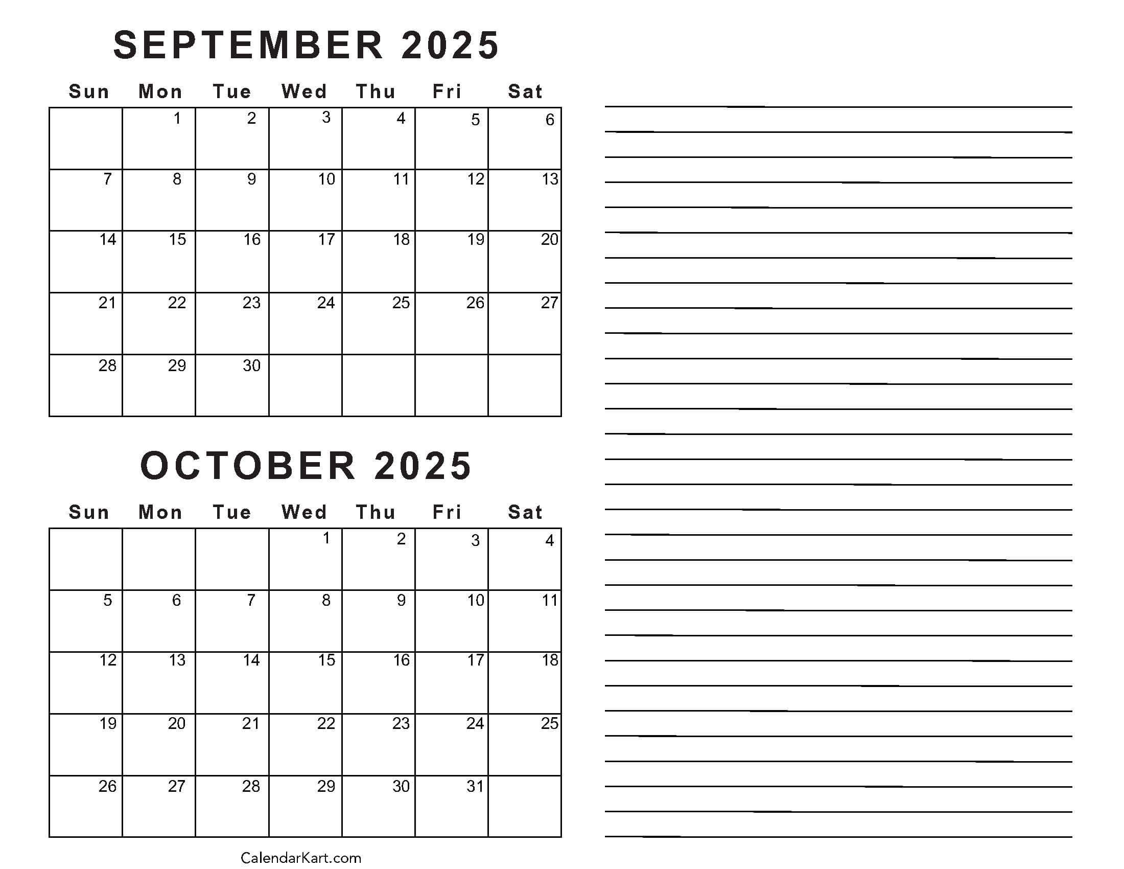 Printable September October 2025 Calendar | Calendarkart - August September October 2025 Calendar Printable
