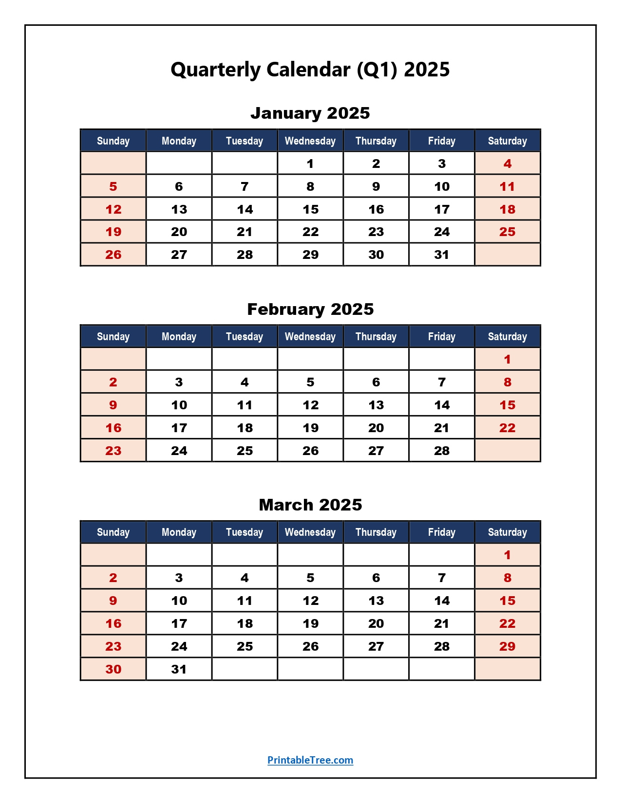 Q1 Quarterly Calendar 2025 Printable Pdf Templates - Q1 2025 Calendar Printable