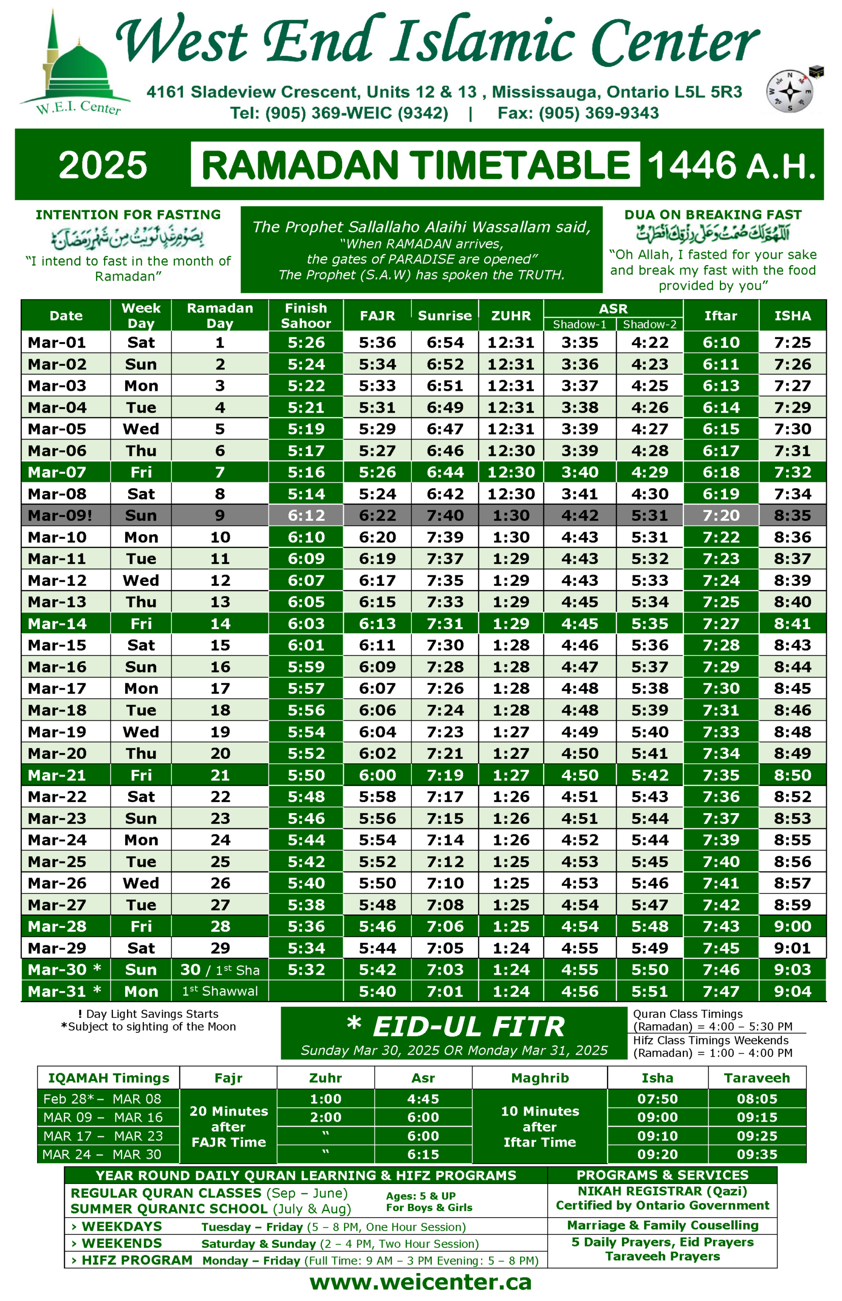 Ramadan Timetable 2025 | West End Islamic Center Mississauga - Printable Ramadan Calendar 2025