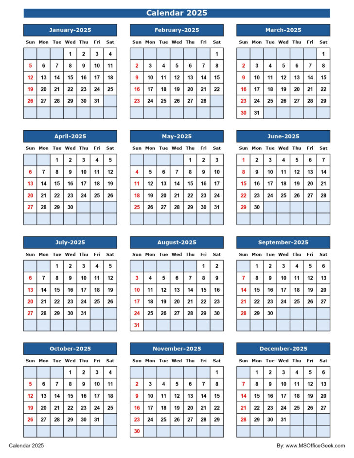 Printable Calendar 2025 Blue