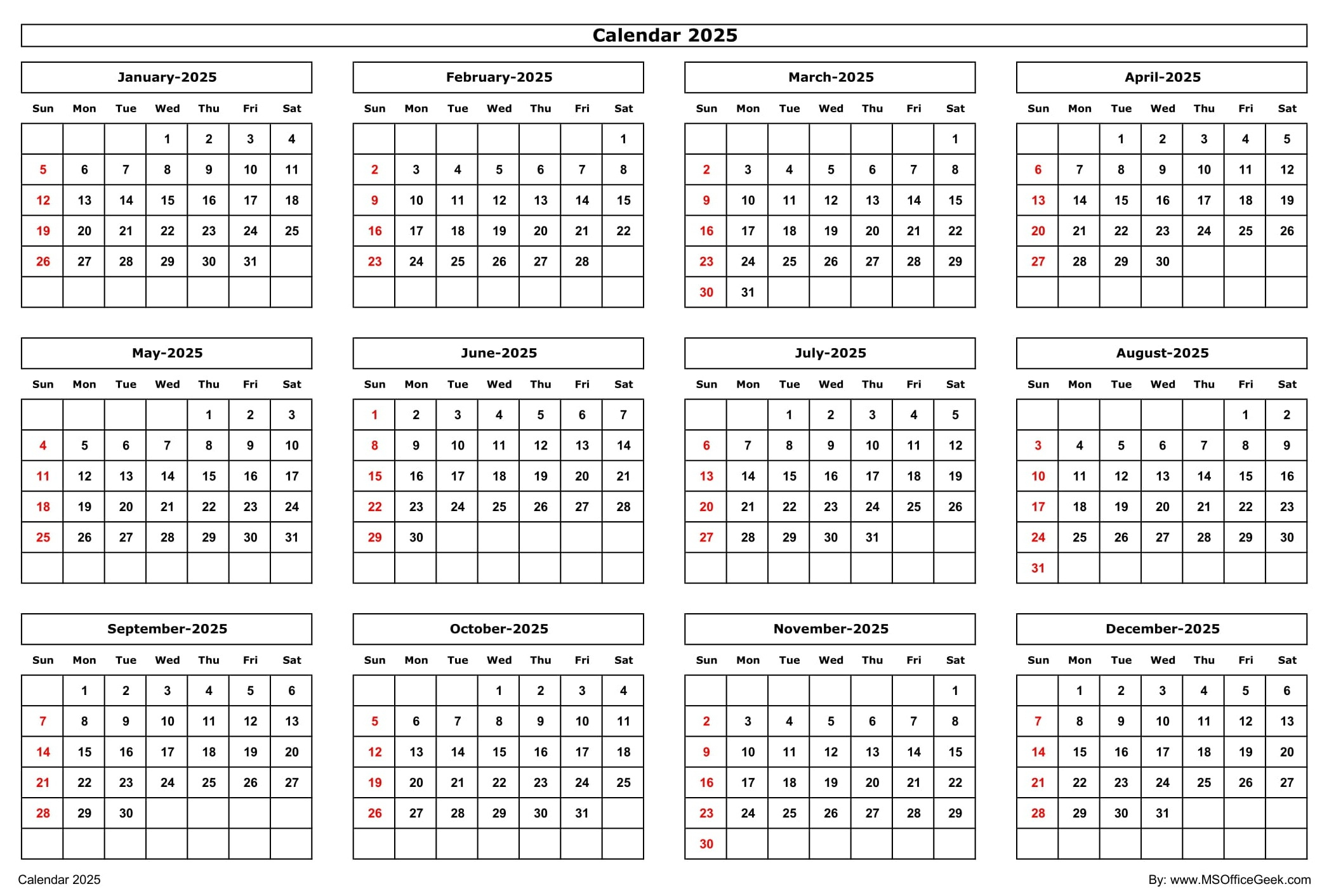 Ready-To-Use Printable Calendar 2025 - Msofficegeek - Printable Calendar 2025 Landscape