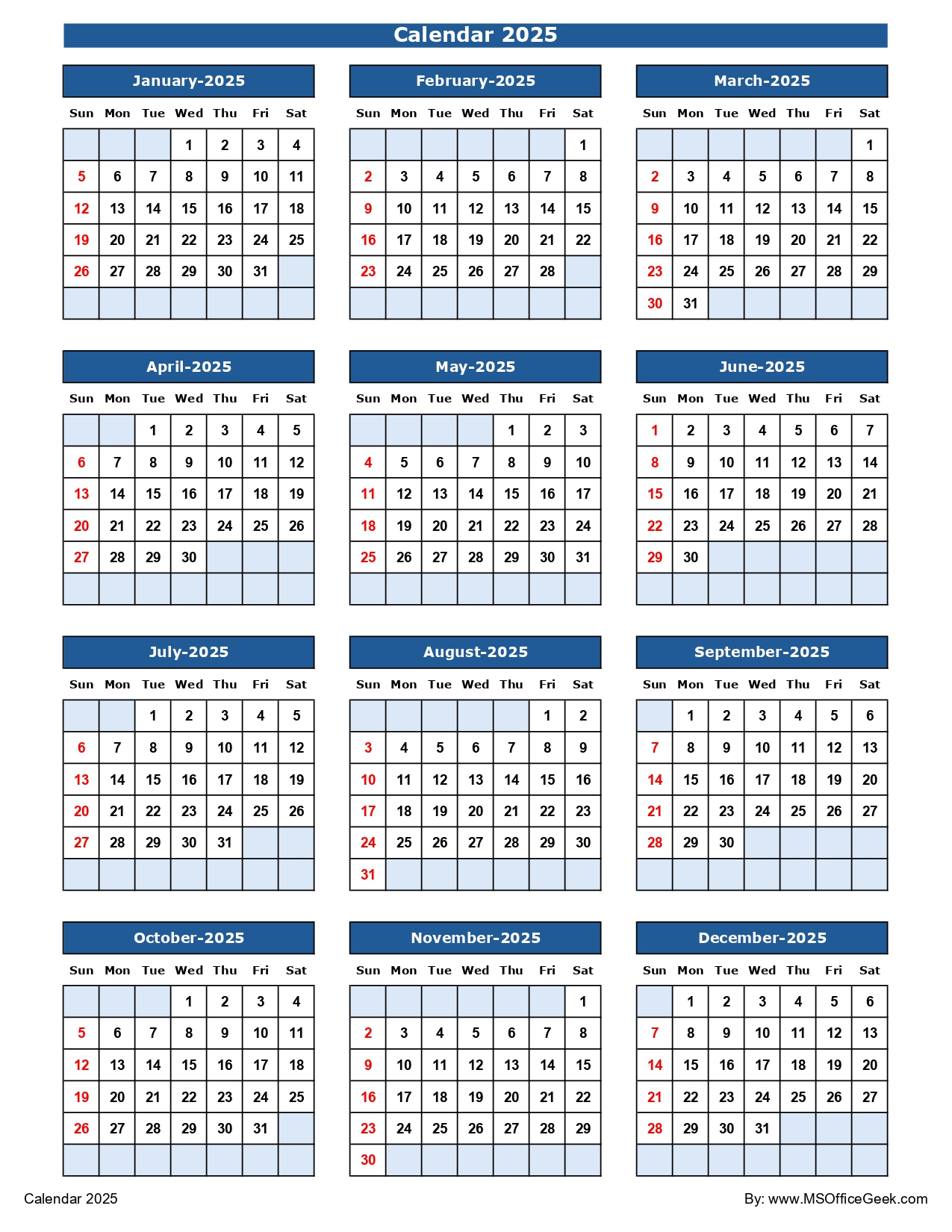 Ready-To-Use Printable Calendar 2025 - Msofficegeek - Printable Calendar 2025 Microsoft