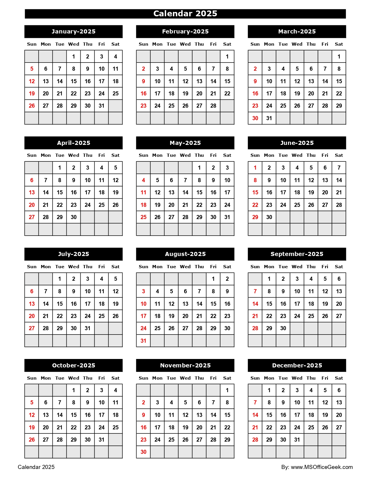 Ready-To-Use Printable Calendar 2025 - Msofficegeek - Printable Calendar 2025 Uae