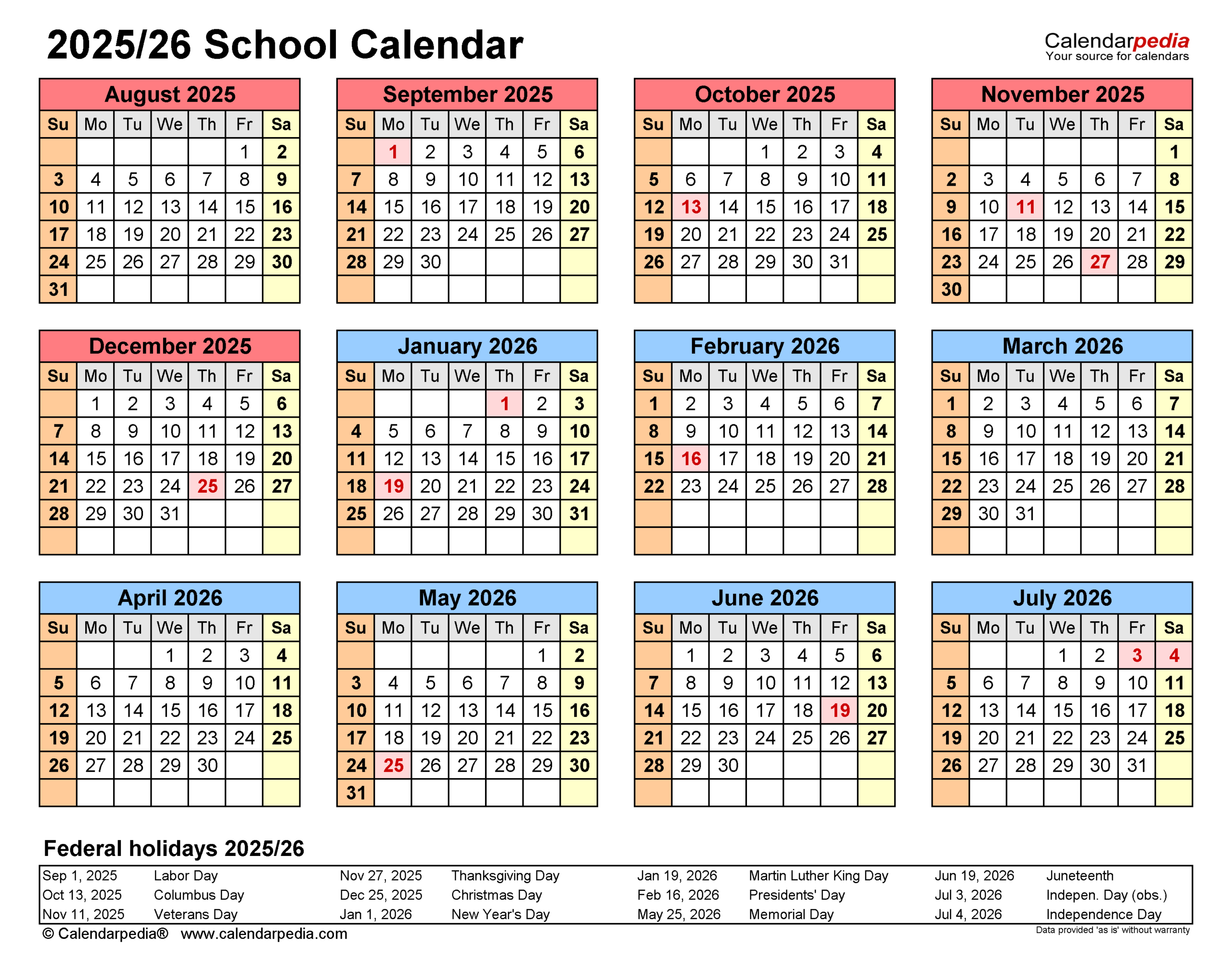 School Calendars 2025/2026 - Free Printable Pdf Templates - 2025 2026 School Year Calendar Printable Free