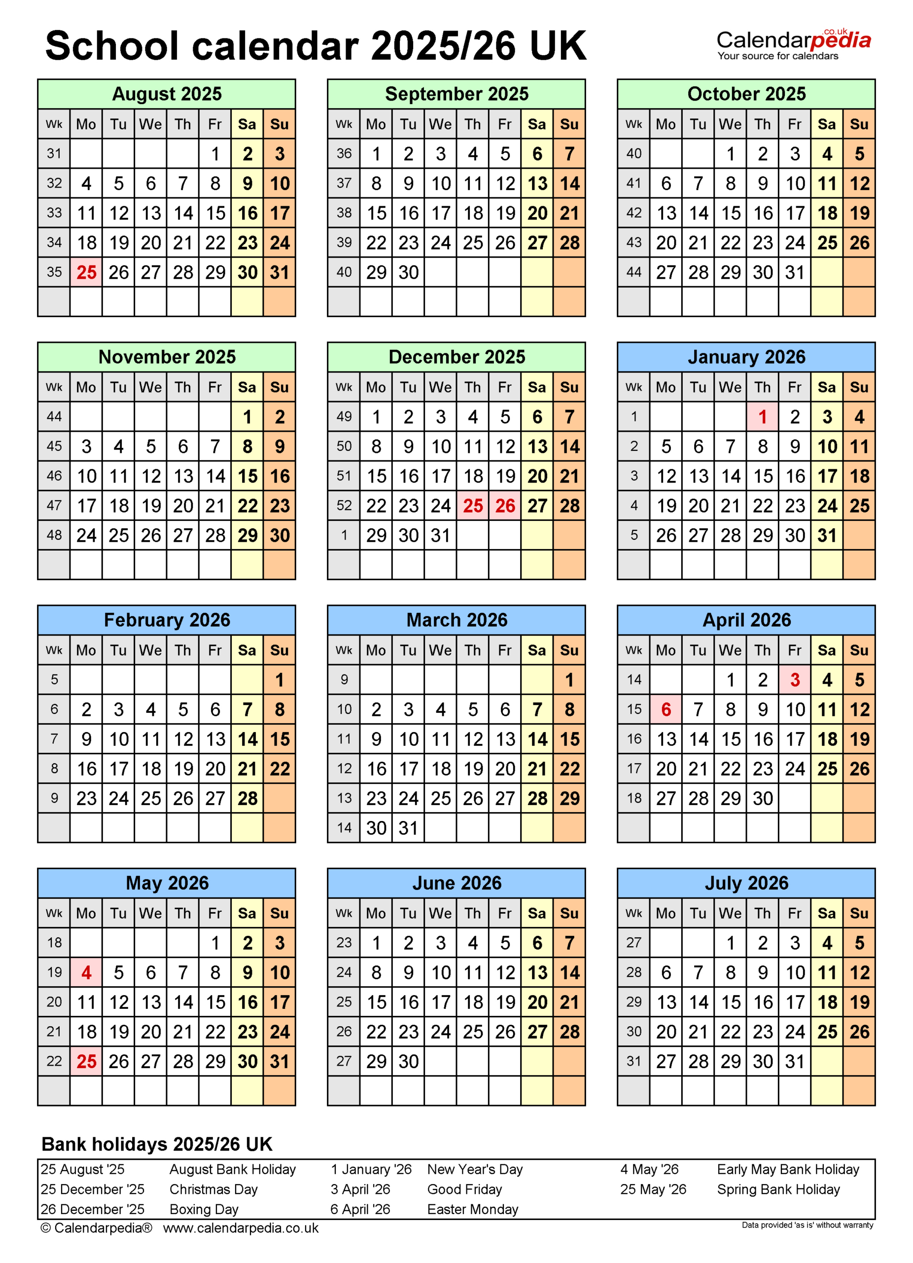 School Calendars 2025/26 Uk - Free Printable Pdf Templates - Printable Calendar 2025 with School Holidays