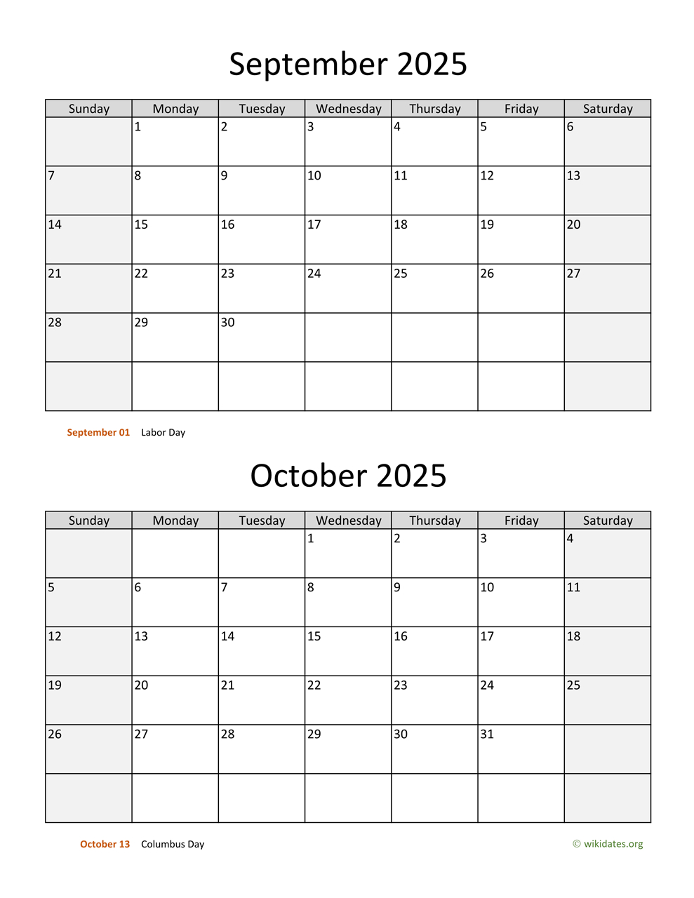 September And October 2025 Calendar | Wikidates - August September October 2025 Calendar Printable