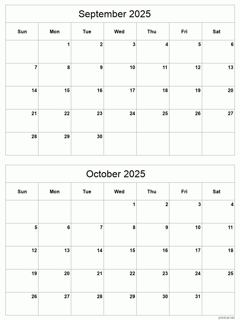 September To October 2025 Printable Calendar | Two Months Per Page - Printable Calendar 2025 Two Months Per Page