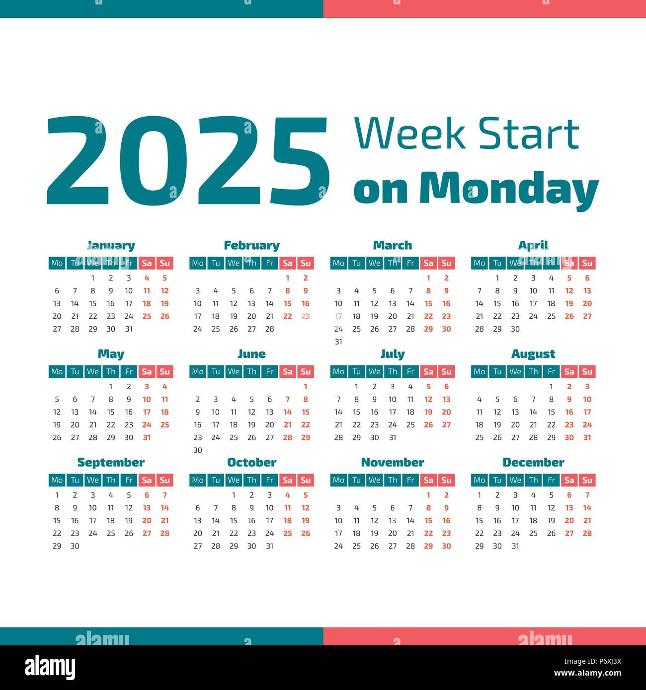 Simple 2025 Year Calendar, Week Starts On Monday Stock Vector - 2025 Calendar Starting Monday Printable