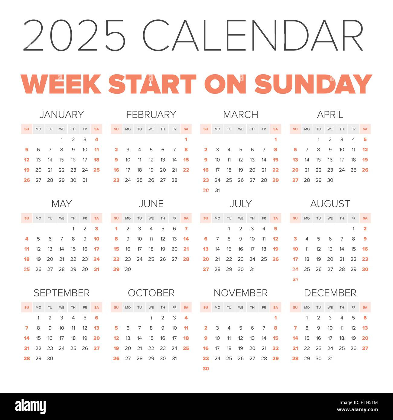 Simple 2025 Year Calendar, Week Starts On Monday Stock Vector - Printable Calendar 2025 Week Starting Monday