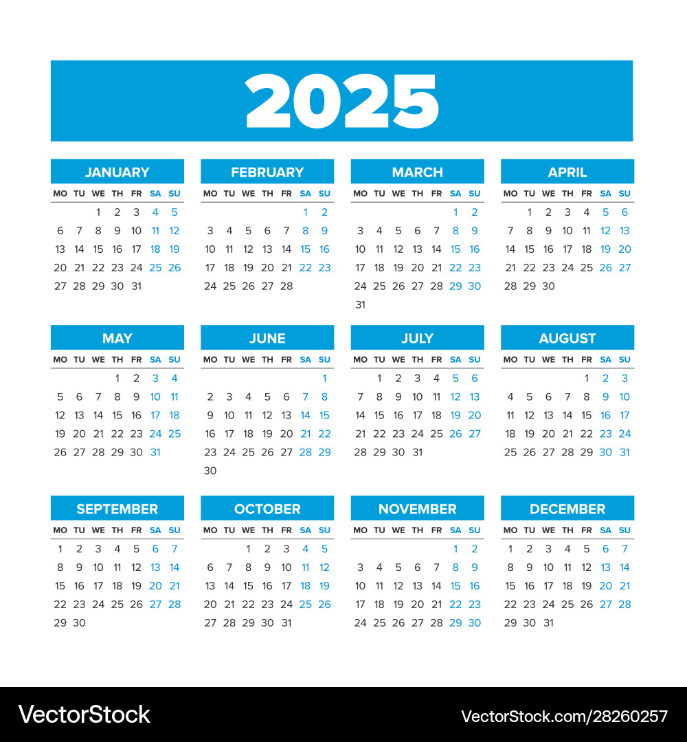 Simple Calendar 2025 Weeks Start On Monday Vector Image - Printable Calendar 2025 Week Starting Monday