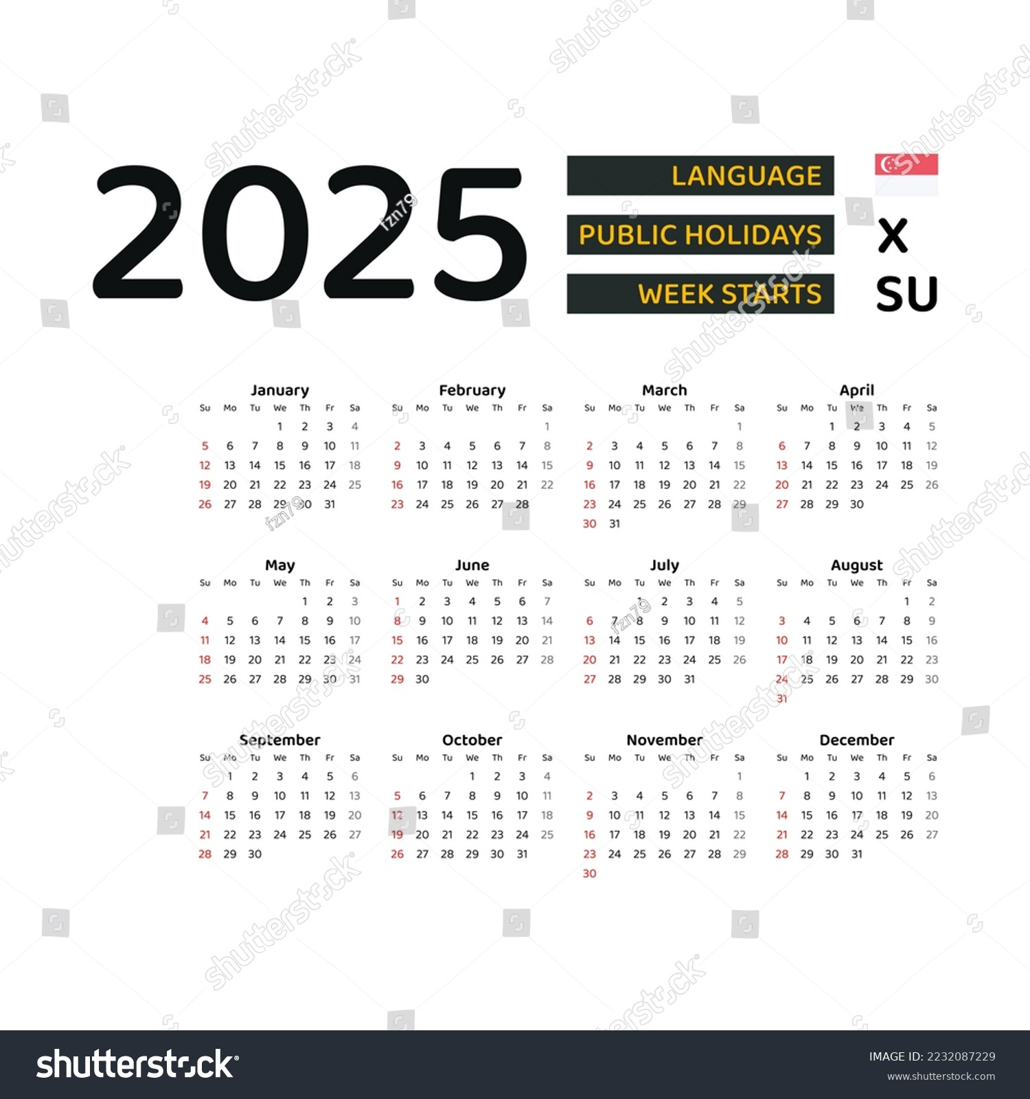 Singapore Calendar 2025 Week Starts Sunday Stock Vector (Royalty - Printable Calendar 2025 Singapore with Holidays