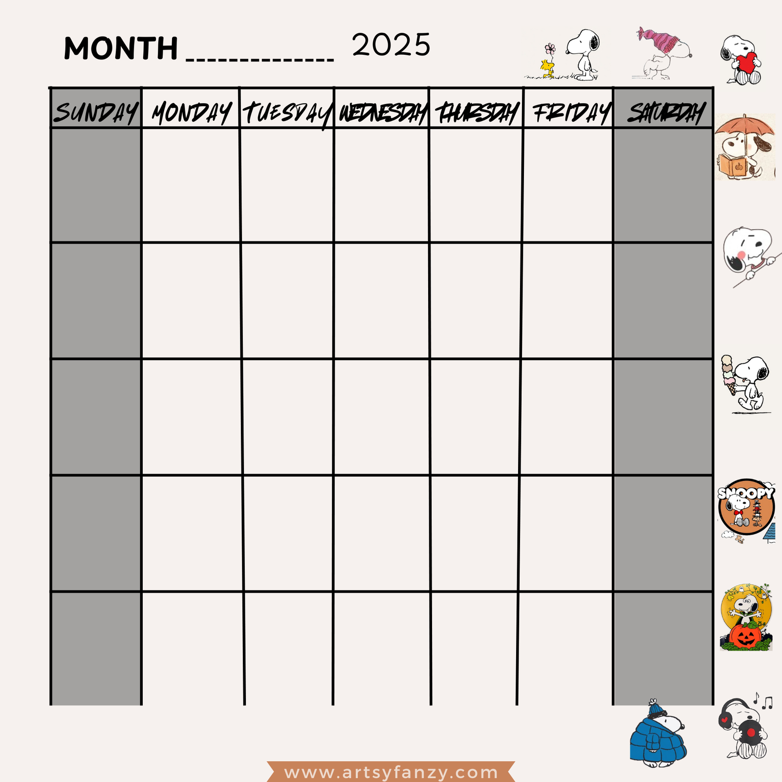 Snoopy Calendar 2025 Printable – Artsy Fanzy Shop - Free Printable Snoopy Calendar 2025