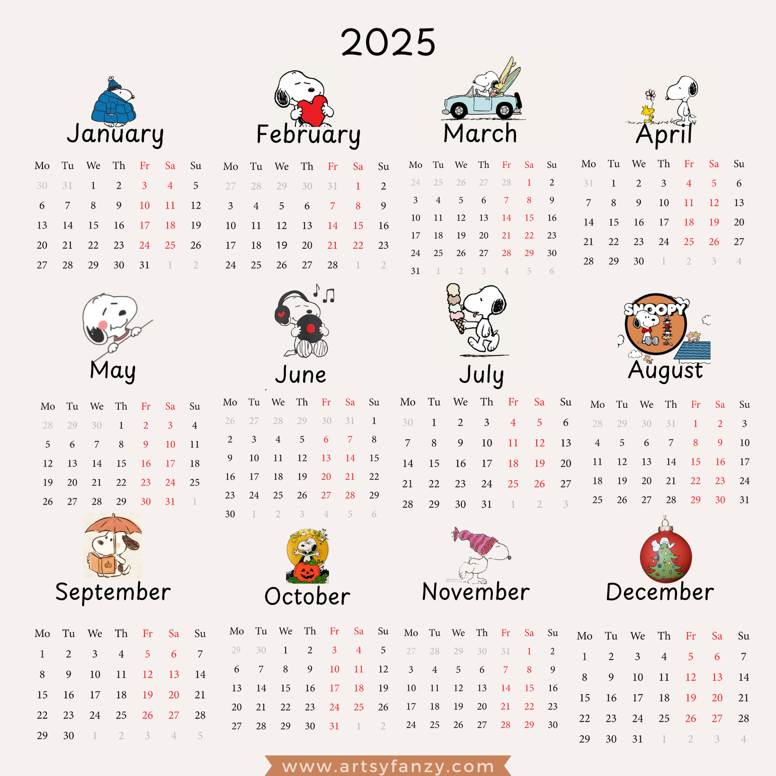 Snoopy Calendar 2025 Printable – Artsy Fanzy Shop - Free Printable Snoopy Calendar 2025