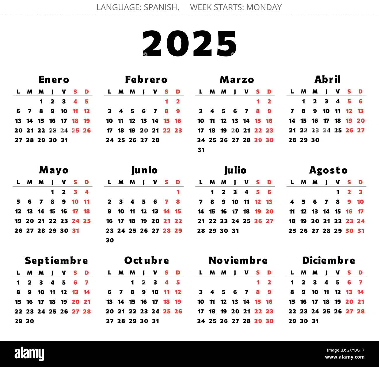 Spanish 2025 Year Calendar. Printable Vector Black And Red Colors - Printable Calendar 2025 In Spanish