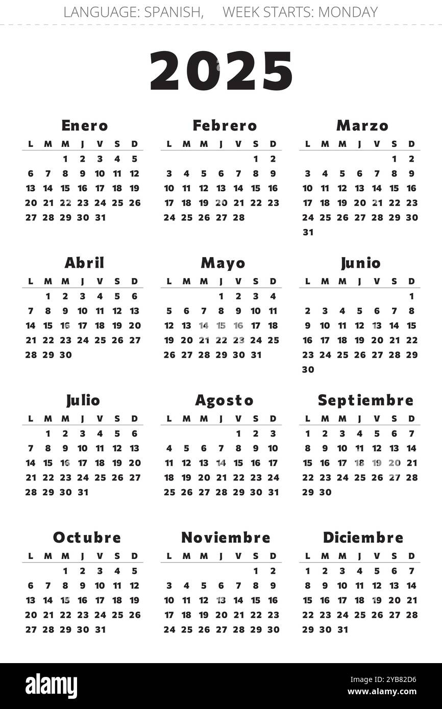 Spanish 2025 Year Calendar. Printable Vector Black And Red Colors - Printable Calendar 2025 Spanish