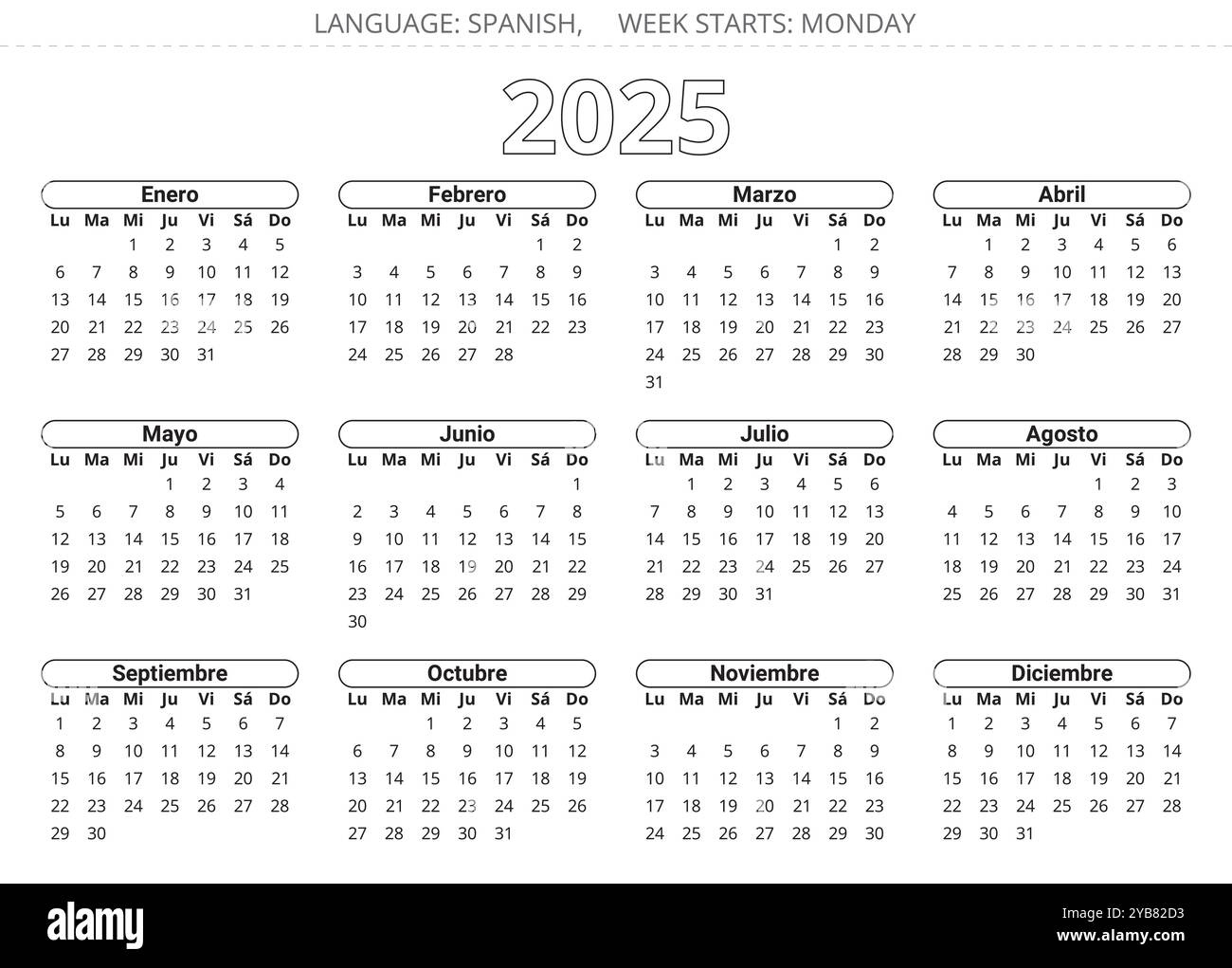 Spanish 2025 Year Calendar. Printable Vector Illustration For - Printable Calendar 2025 Spanish