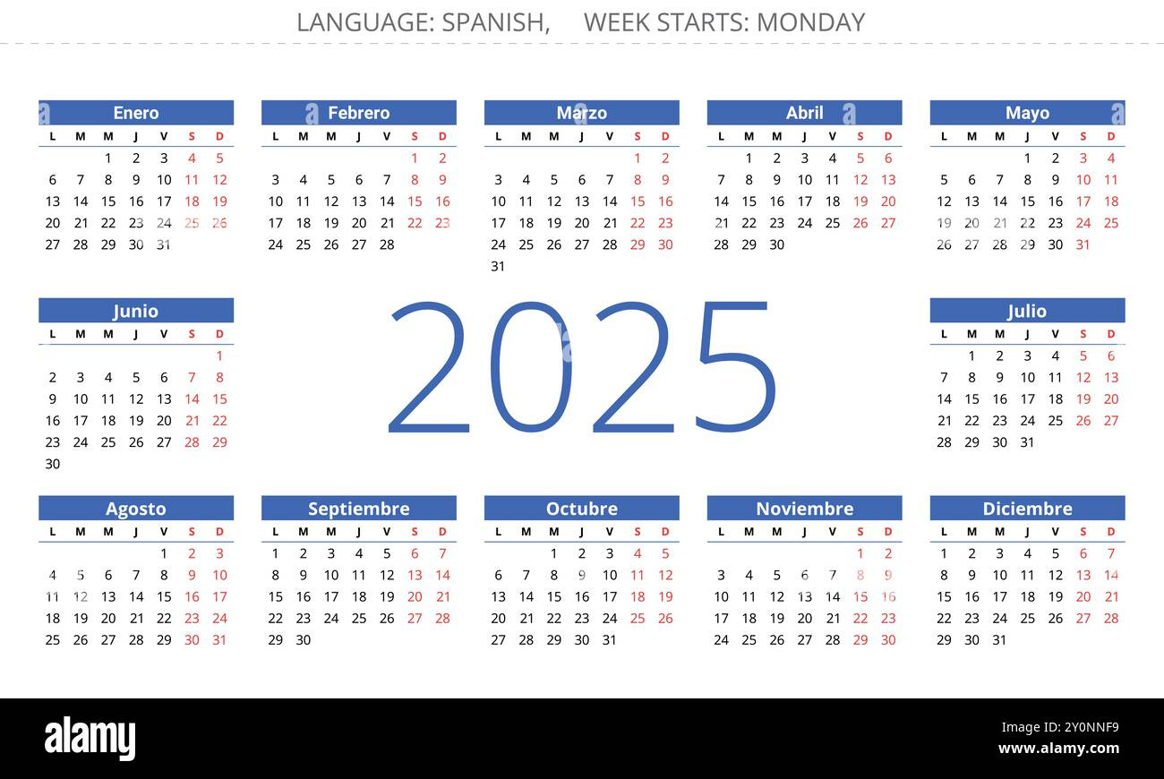 Spanish 2025 Year Month Calendar. Printable Vector Illustration - Printable Calendar 2025 Spanish
