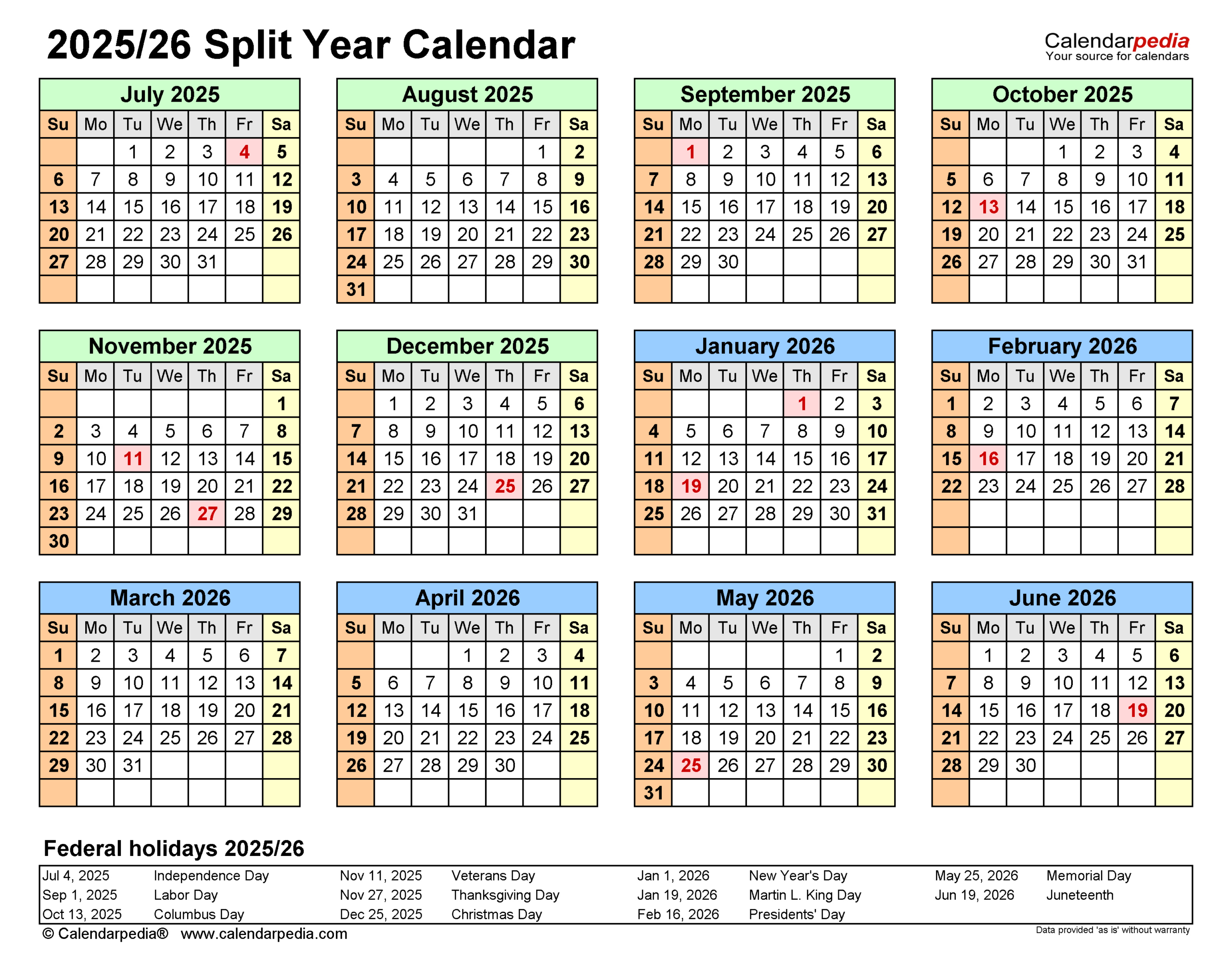 Split Year Calendars 2025/2026 (July To June) - Pdf Templates - Free Printable Calendar July 2025 To July 2026