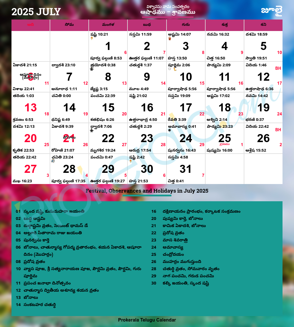 Telugu Calendar 2025, July - Telugu July Calendar 2025