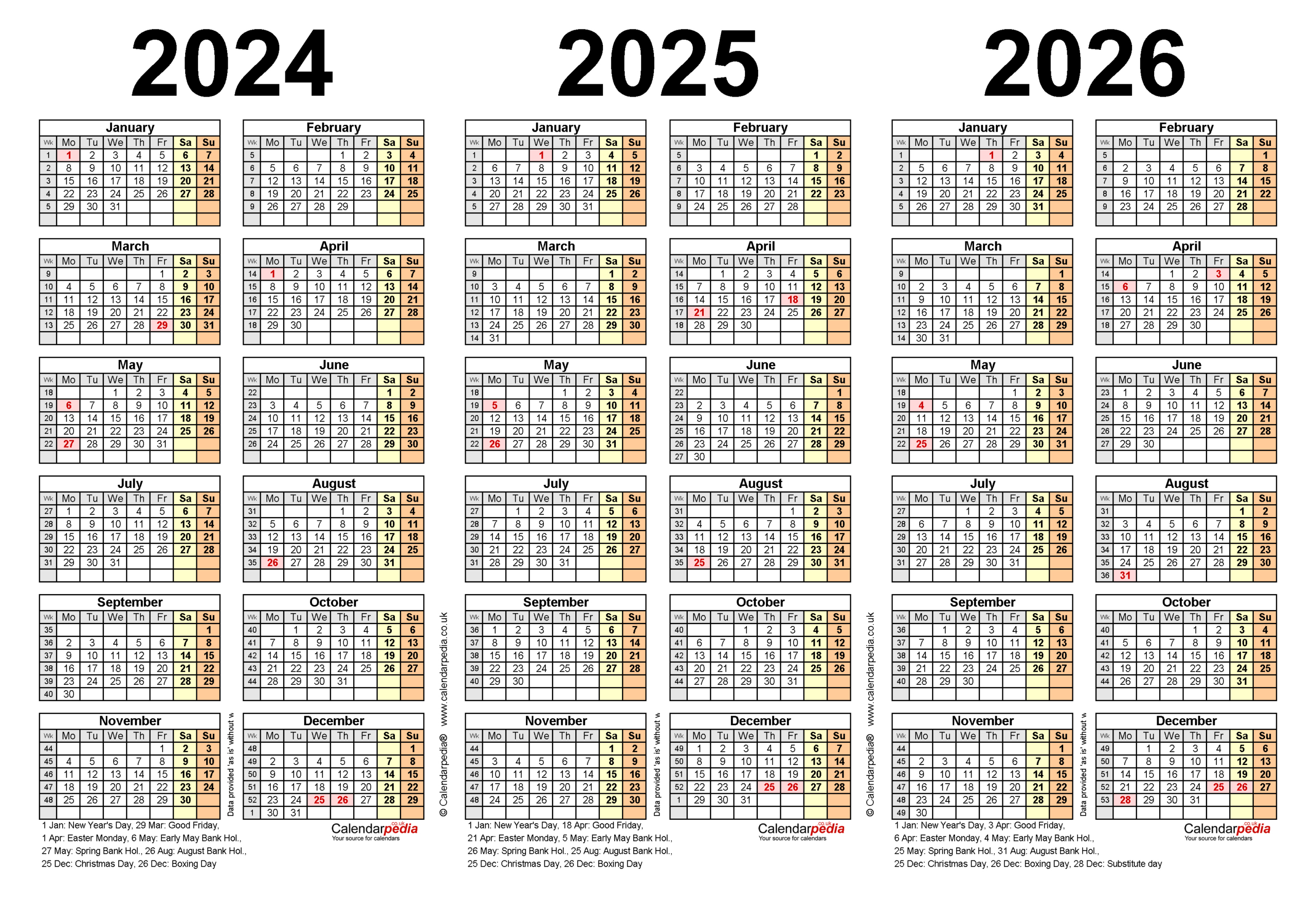 Three Year Calendars For 2024, 2025 And 2026 (Uk) For Excel - Calendar 2024 2025 2026 Free Printable