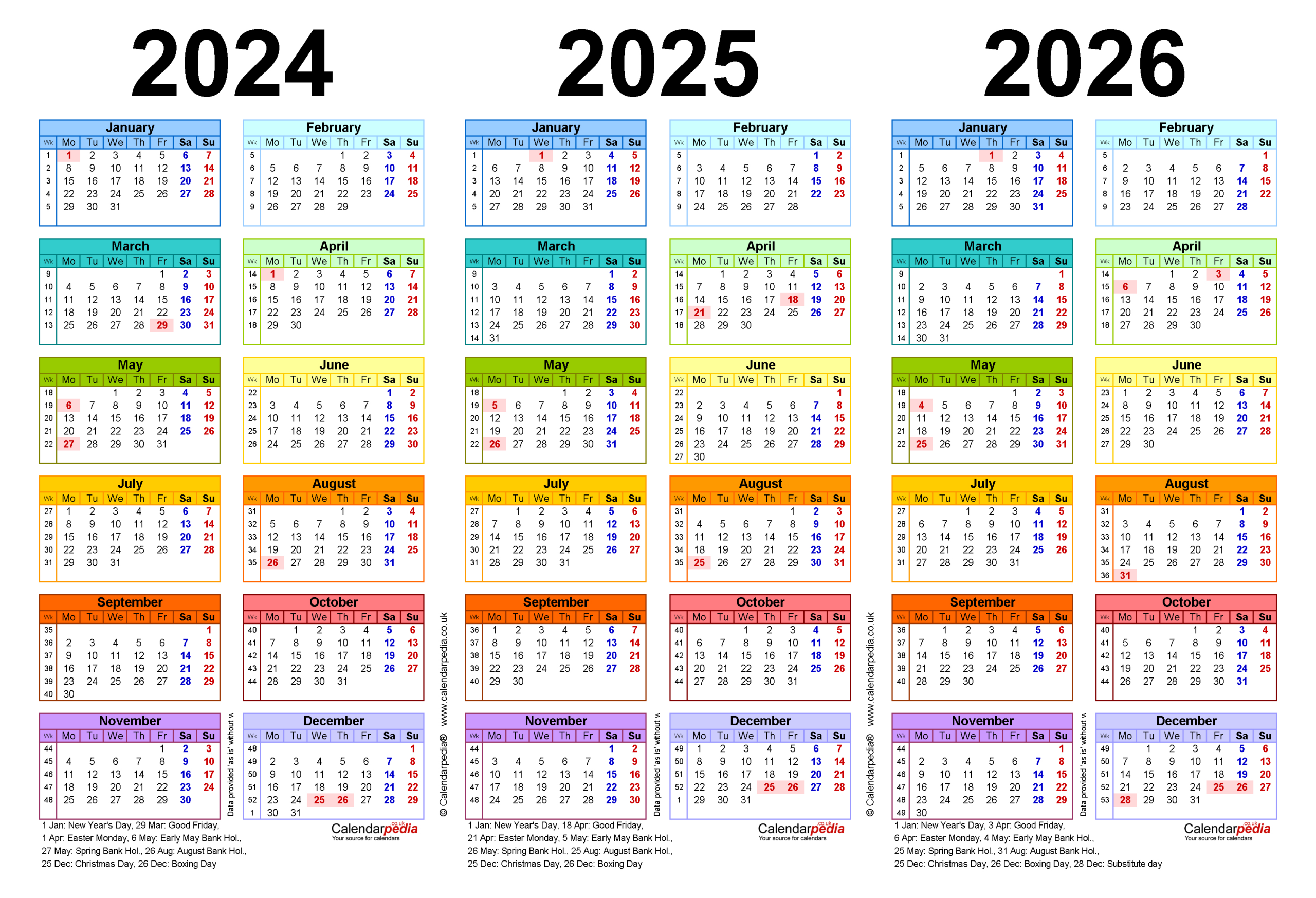 Three Year Calendars For 2024, 2025 And 2026 (Uk) For Excel - Calendar 2024 2025 2026 Free Printable