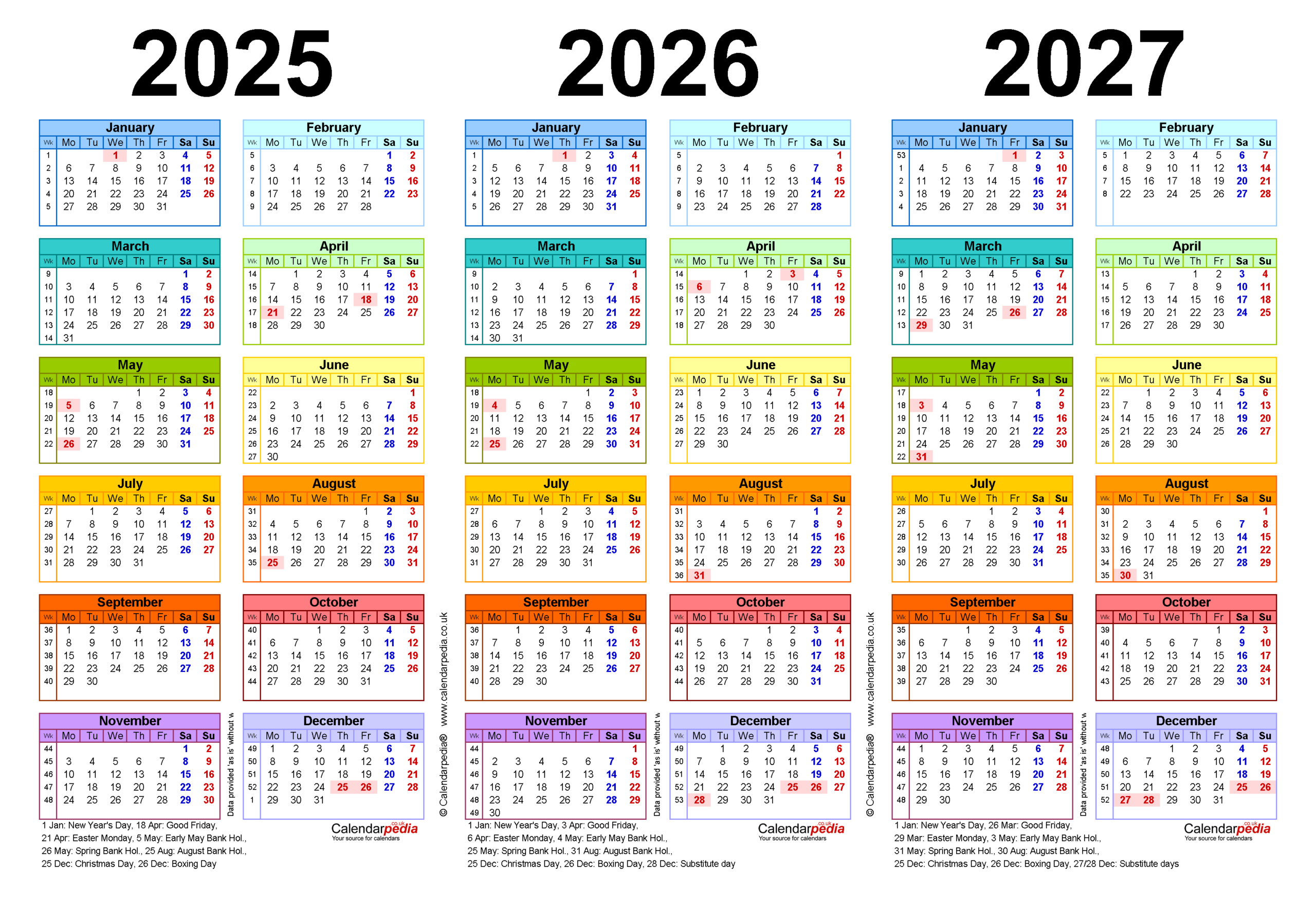 Three Year Calendars For 2025, 2026 And 2027 (Uk) For Pdf - Printable Calendar 2025 2026 2027