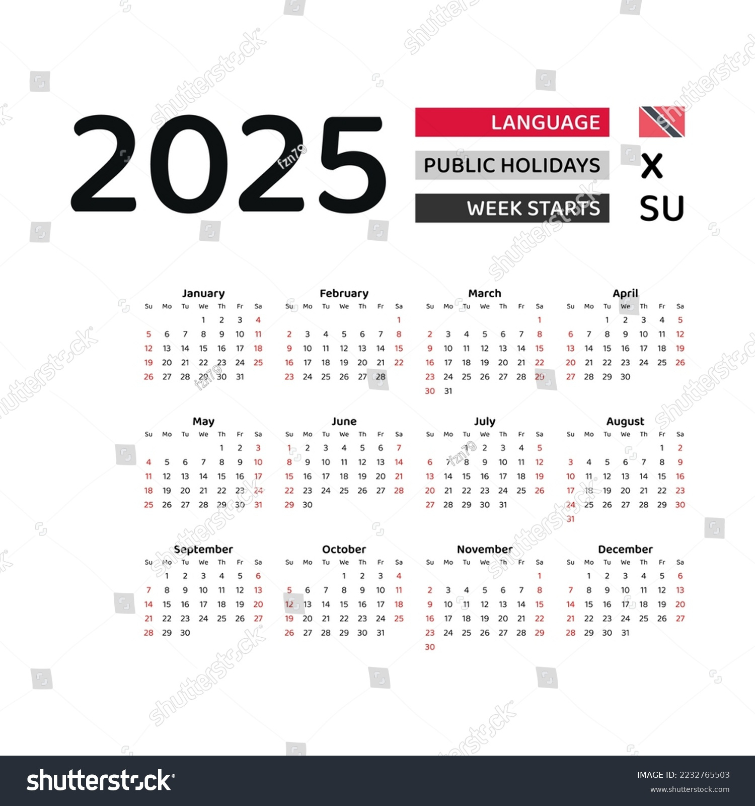 Trinidad Tobago Calendar 2025 Week Starts Stock Vector (Royalty - Printable Calendar 2025 Trinidad