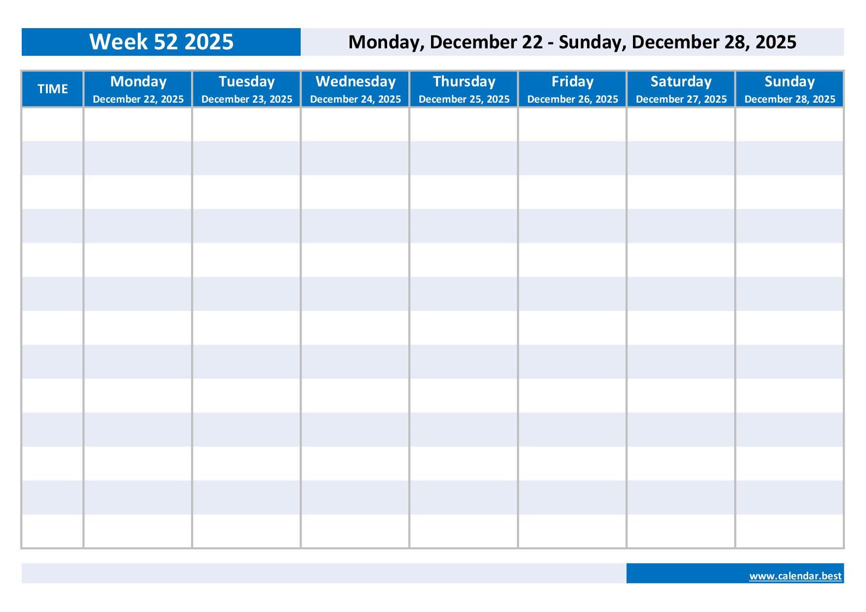 Week 52 2025: Dates, Calendar And Weekly Schedule To Print - 52 Week Calendar 2025 Printable