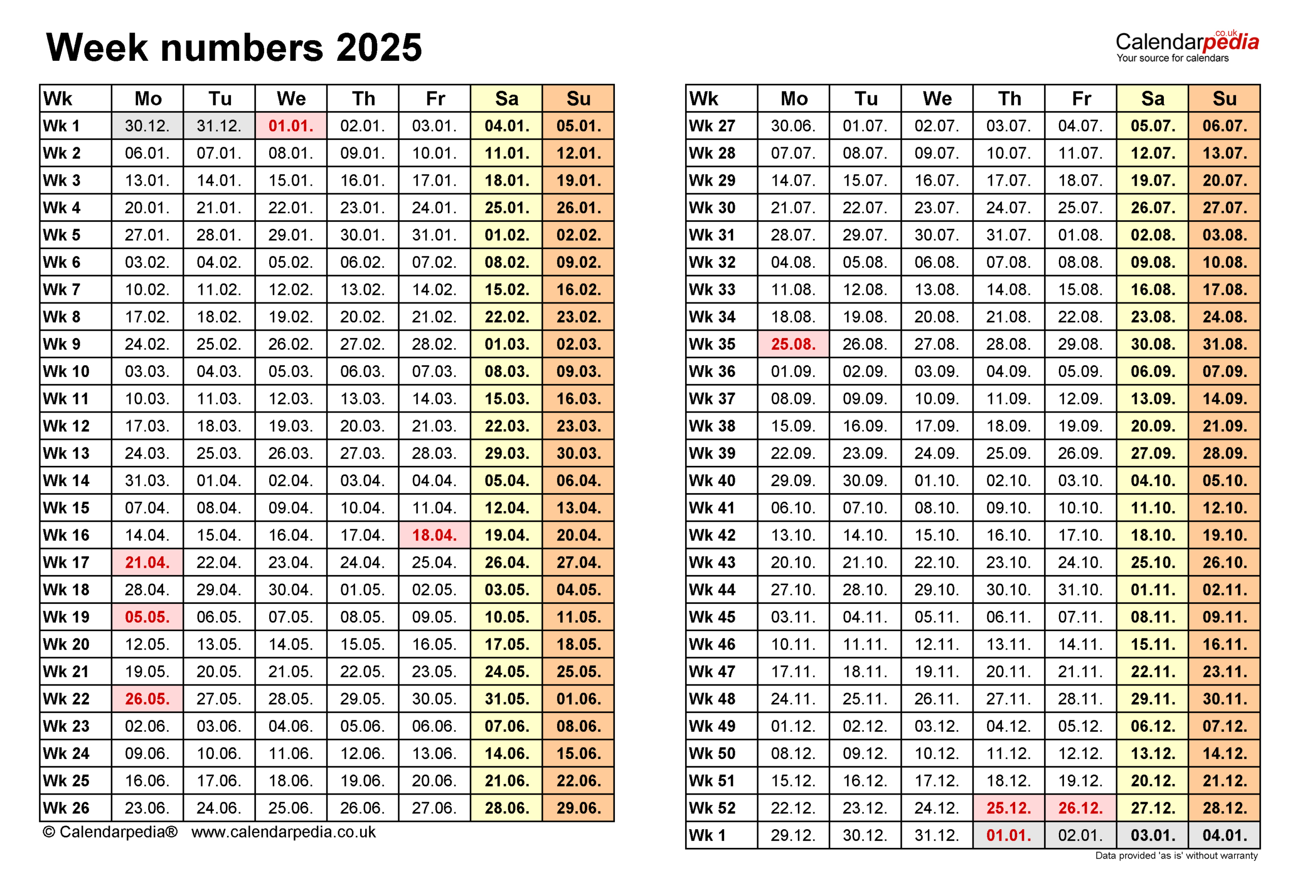 Week Numbers 2025 With Pdf, Excel And Word Templates - 2025 Week Number Calendar Printable