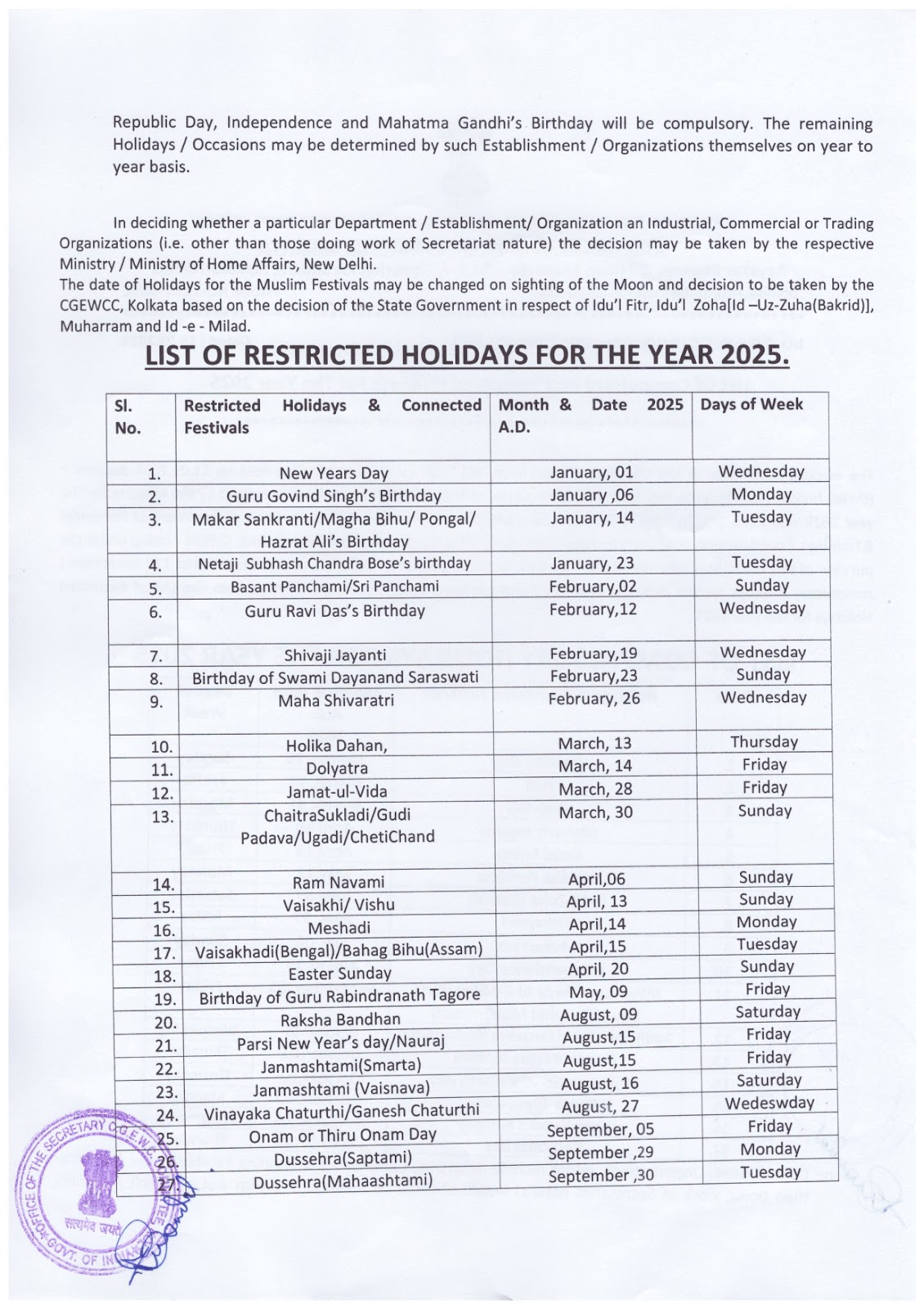 West Bengal Government Calendar 2025 - Printable Calendar 2025 With Holidays In West Bengal