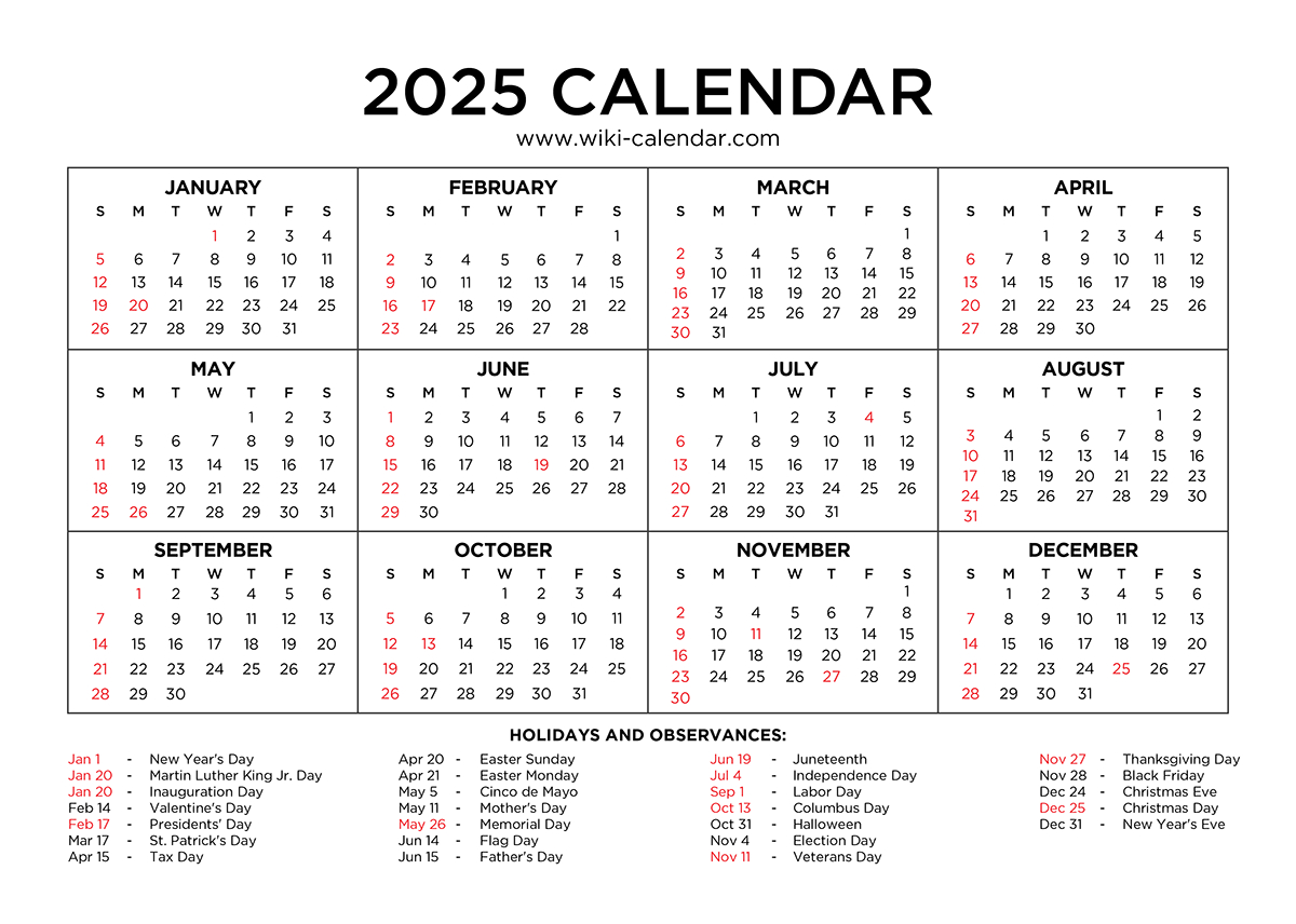 Year 2025 Calendar Printable With Holidays - Wiki Calendar - Time and Date Printable Calendar 2025
