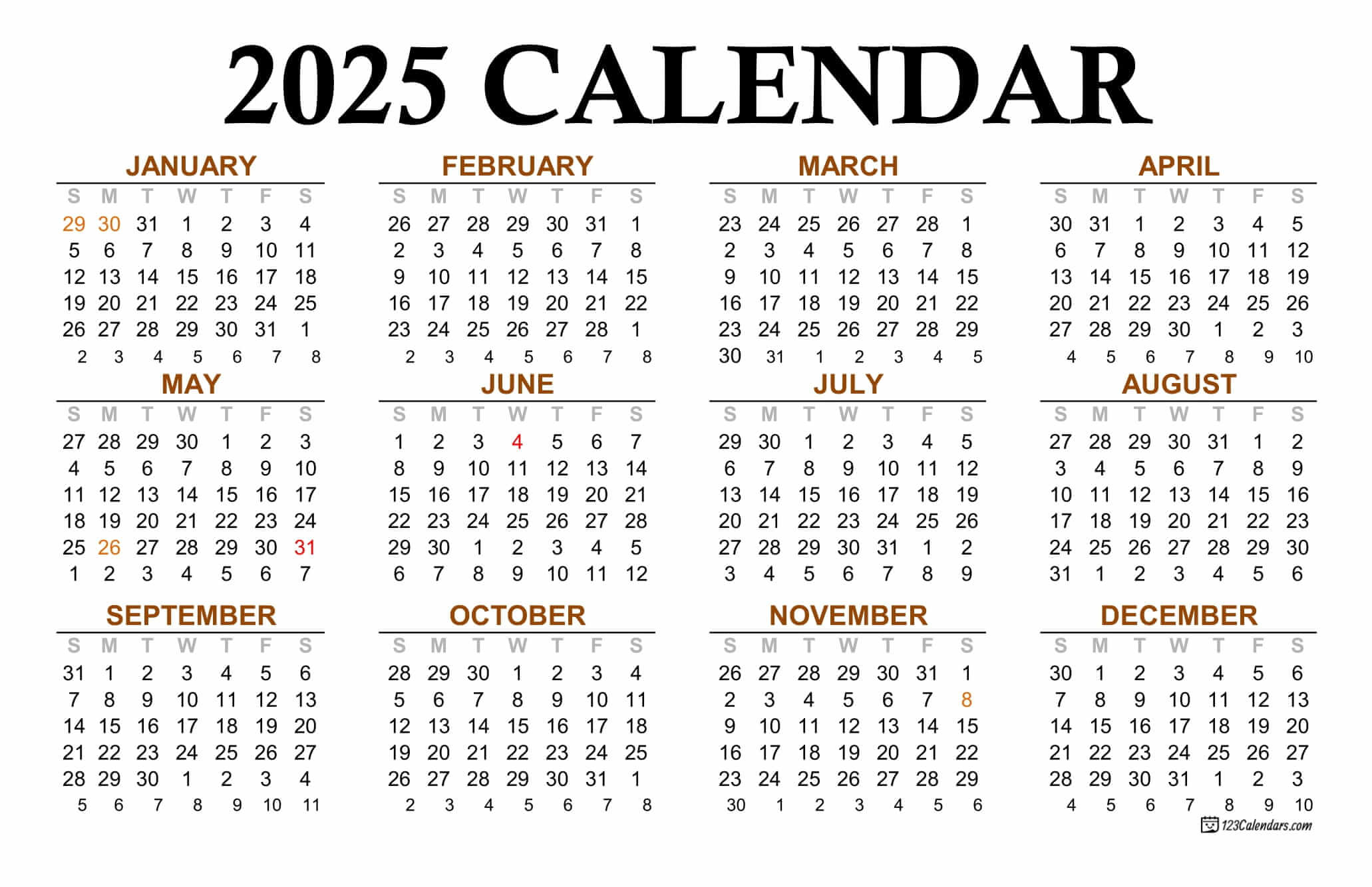 Year 2025 Calendar Templates | 123Calendars - Full Year Printable Calendar 2025