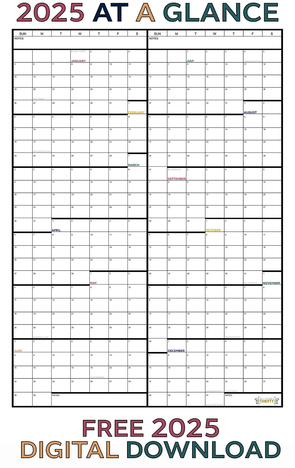 Year At A Glance Free Printable Calendar | All Things Thrifty - Free Printable Calendar 2025 At A Glance