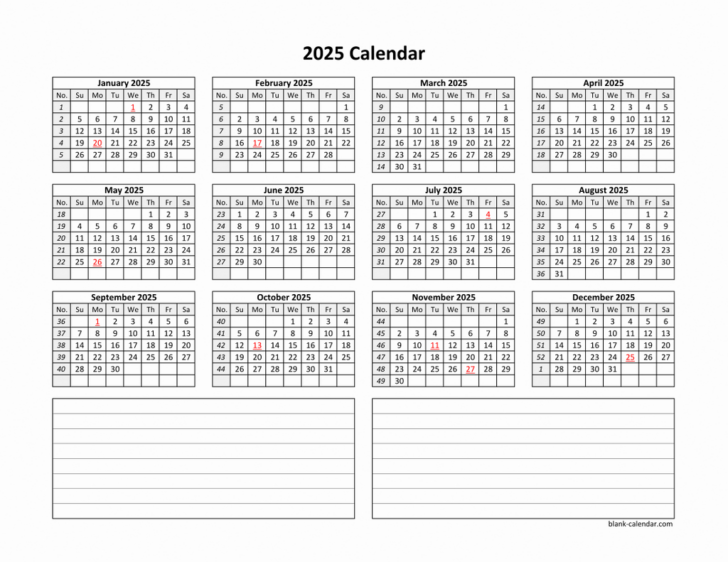 2025 Printable Calendar with Notes