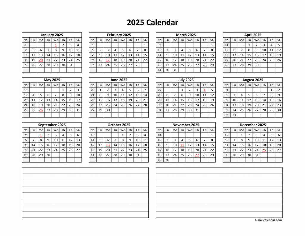 Yearly 2025 Calendars - 2025 Printable Calendar With Notes