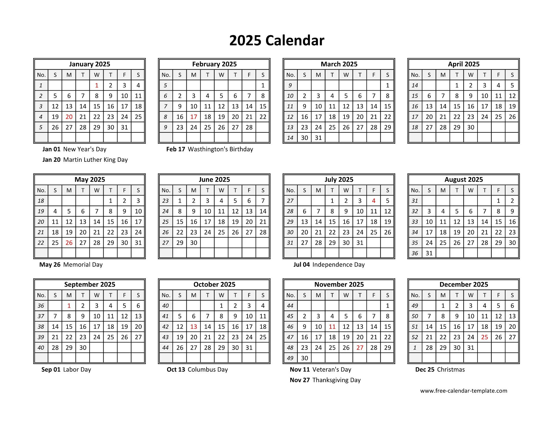 Yearly Calendar 2025 Printable With Federal Holidays | Free - Printable Calendar 2025 Free Download Word