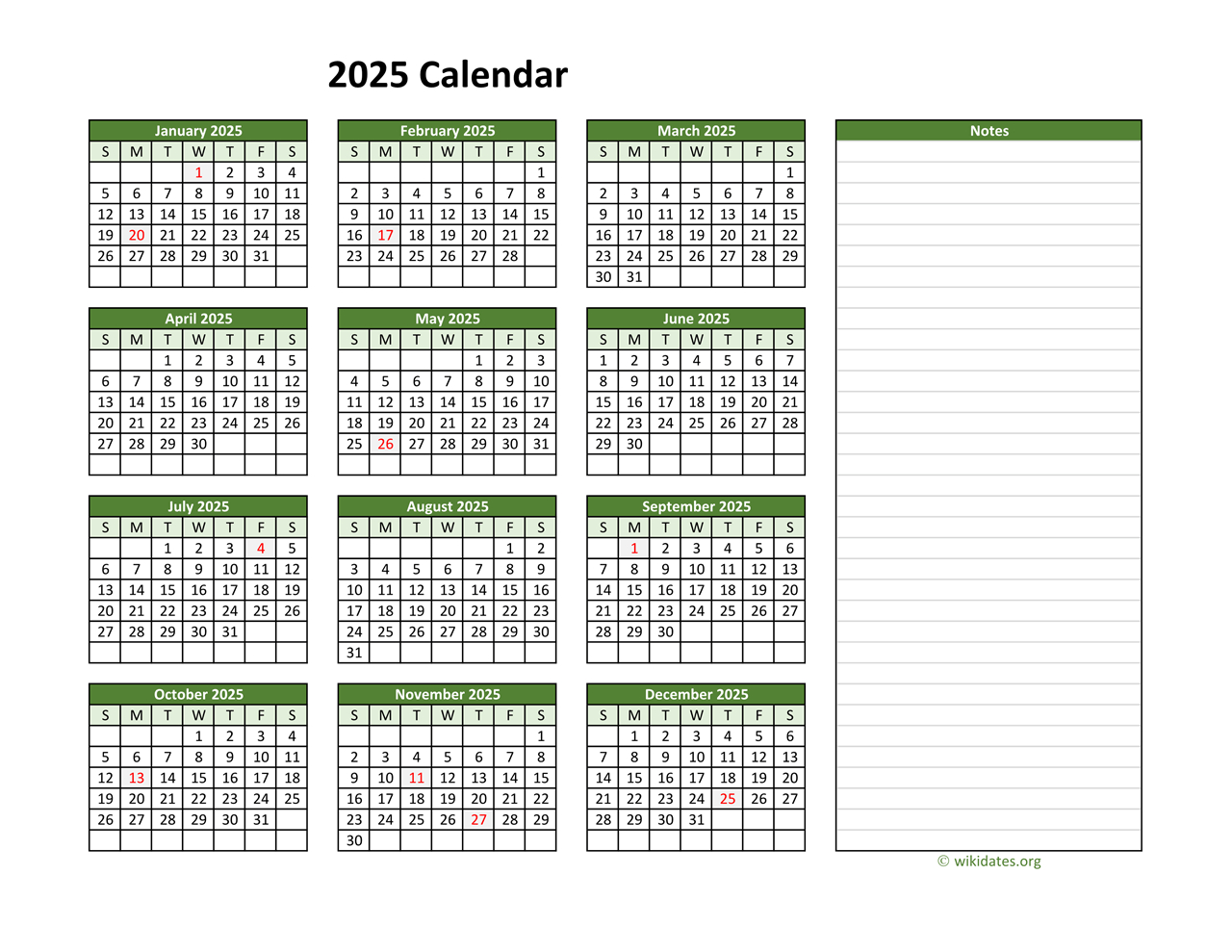 Yearly Printable 2025 Calendar With Notes | Wikidates - 2025 Printable Calendar with Notes