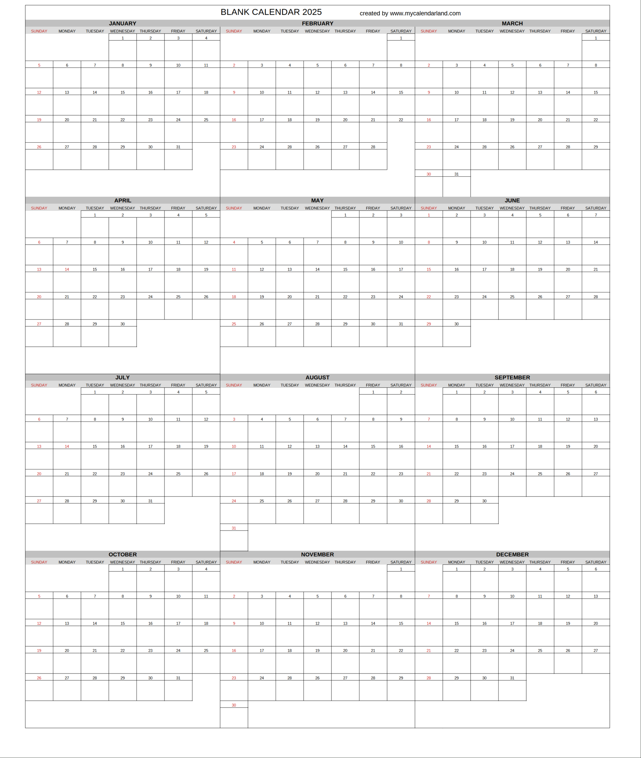 Yearly Printable Calendars For Free – My Calendar Land - Free Printable Calendar 2025 Large Numbers