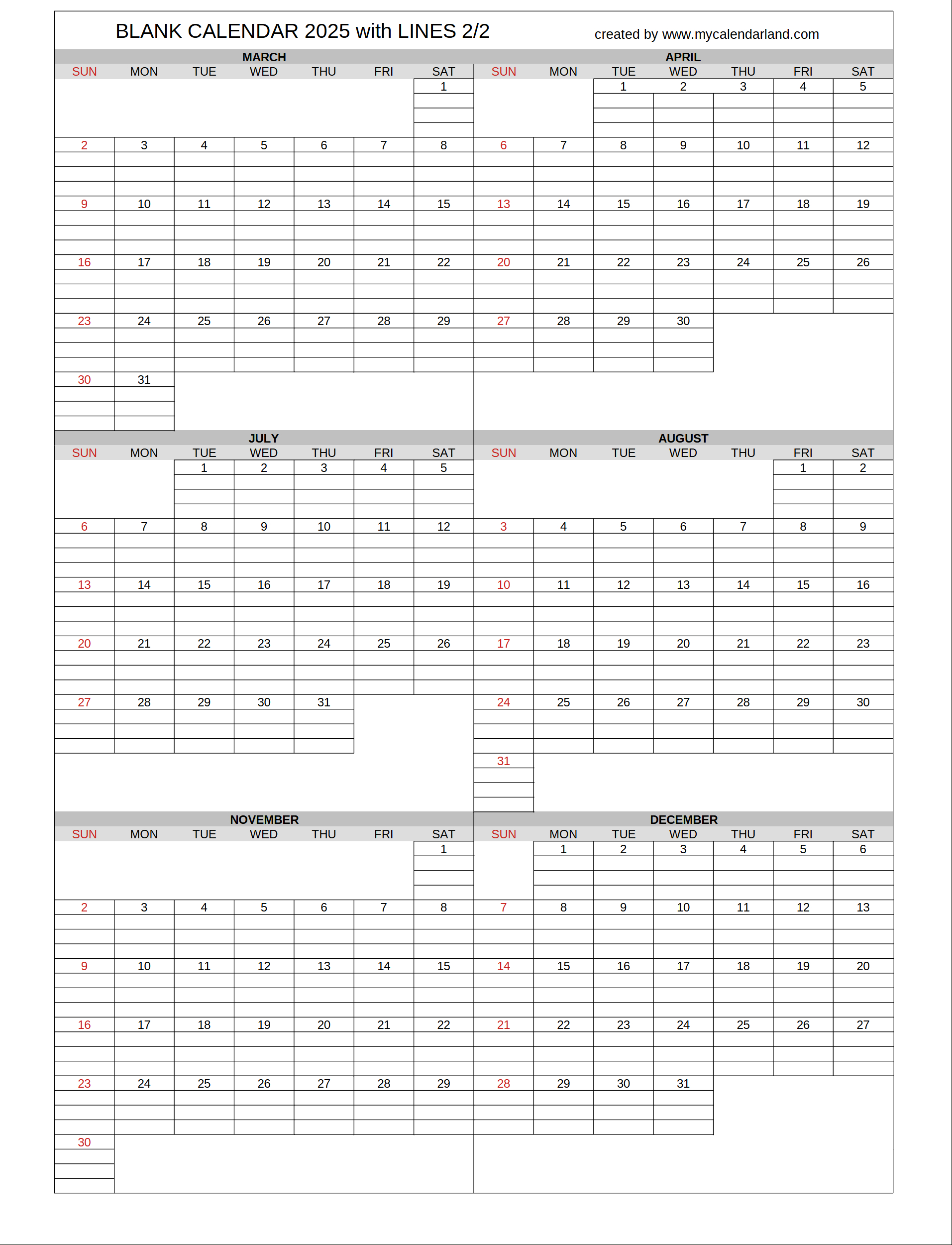 Yearly Printable Calendars For Free – My Calendar Land - Free Printable Yearly Calendar 2025 with Lines