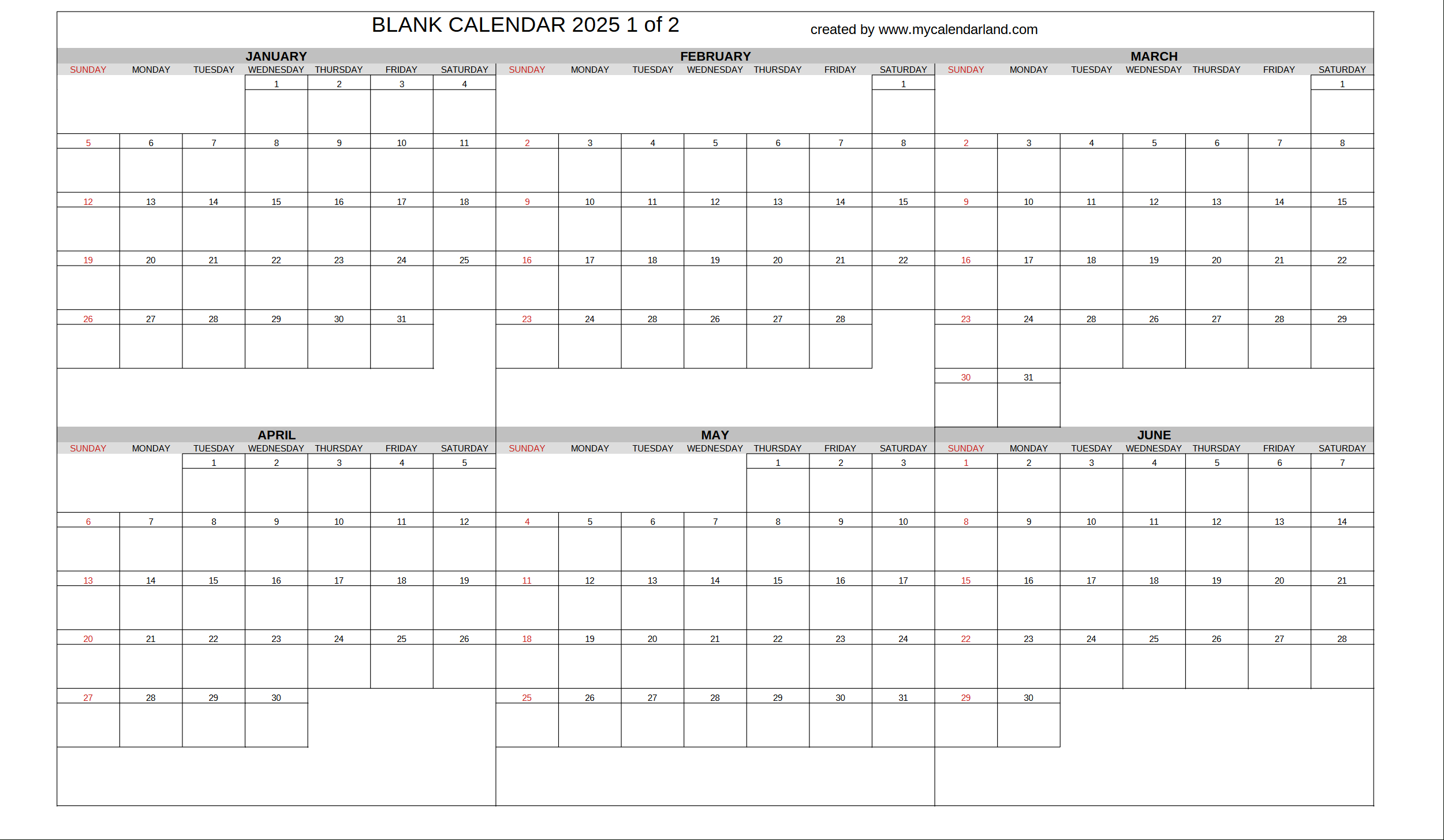Yearly Printable Calendars For Free – My Calendar Land - Printable 2025 Calendar with Boxes