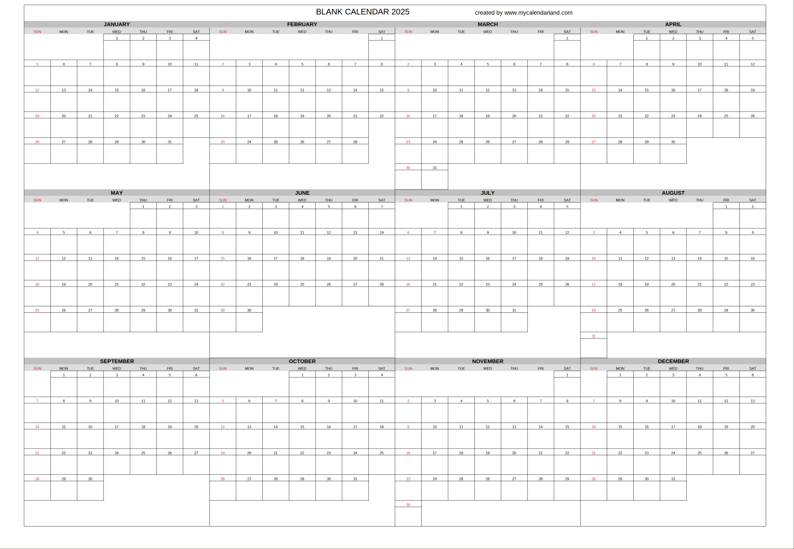 Yearly Printable Calendars For Free – My Calendar Land - Printable Calendar 2025 Big Boxes