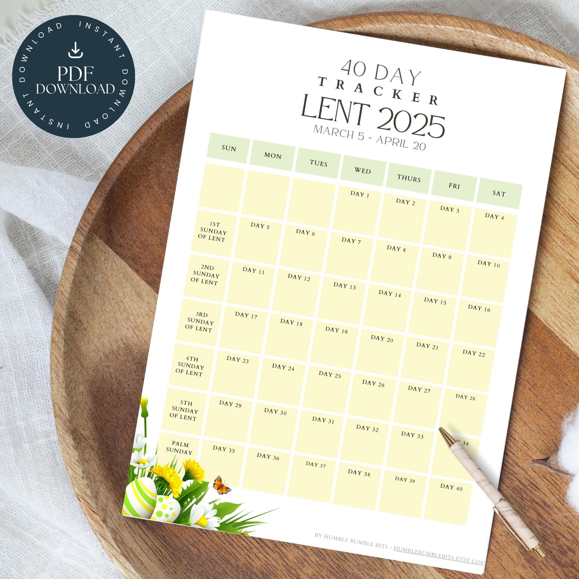 Yellow Lent Calendar | 2025 Lent Tracker | 40 Day Lenten Calendar - Lent 2025 Calendar Printable