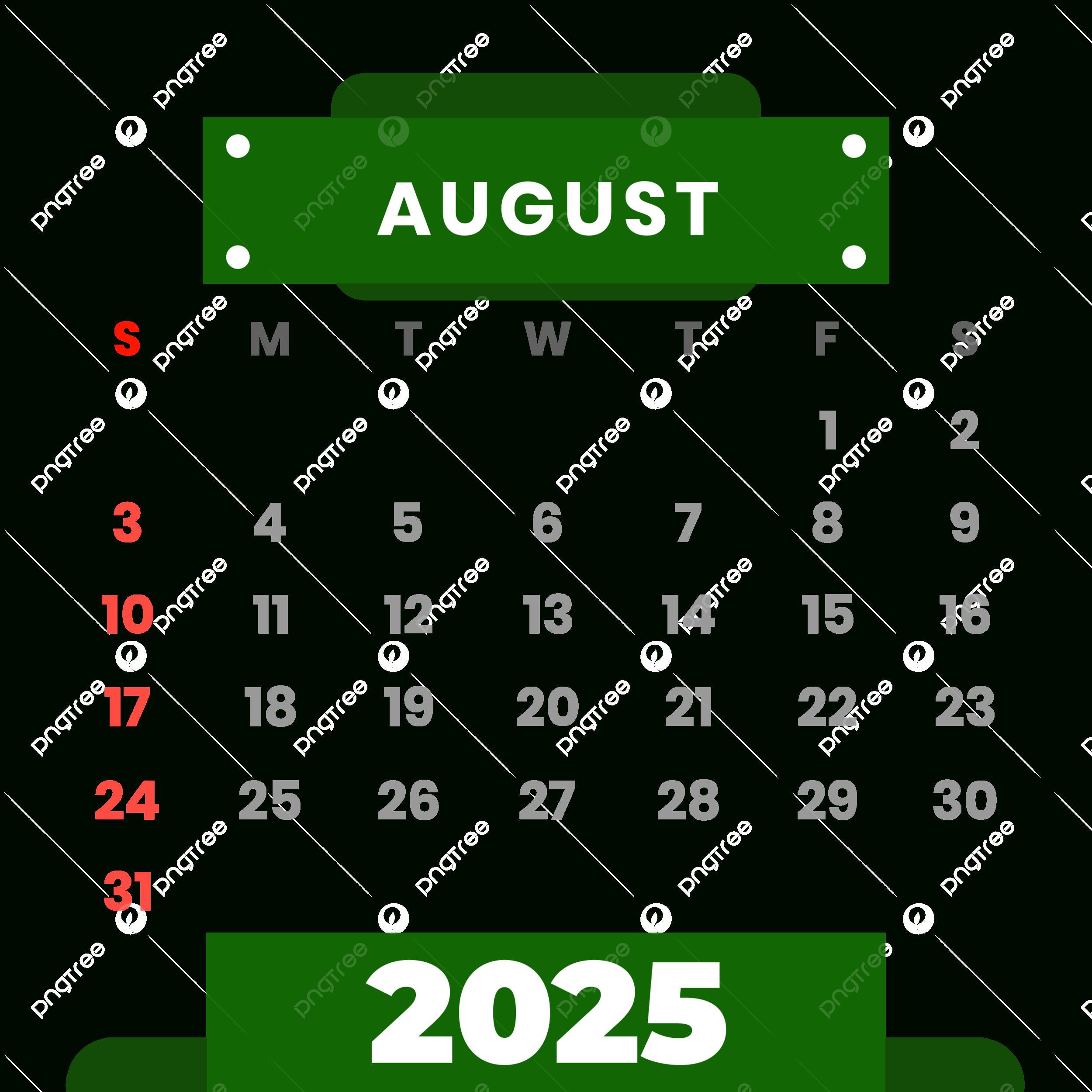 2025 August Vector Clipart Monthly Green Calendar, 2025 Calendar - August 2025 Calendar Clip Art