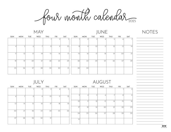 May Through August 2025 Calendar