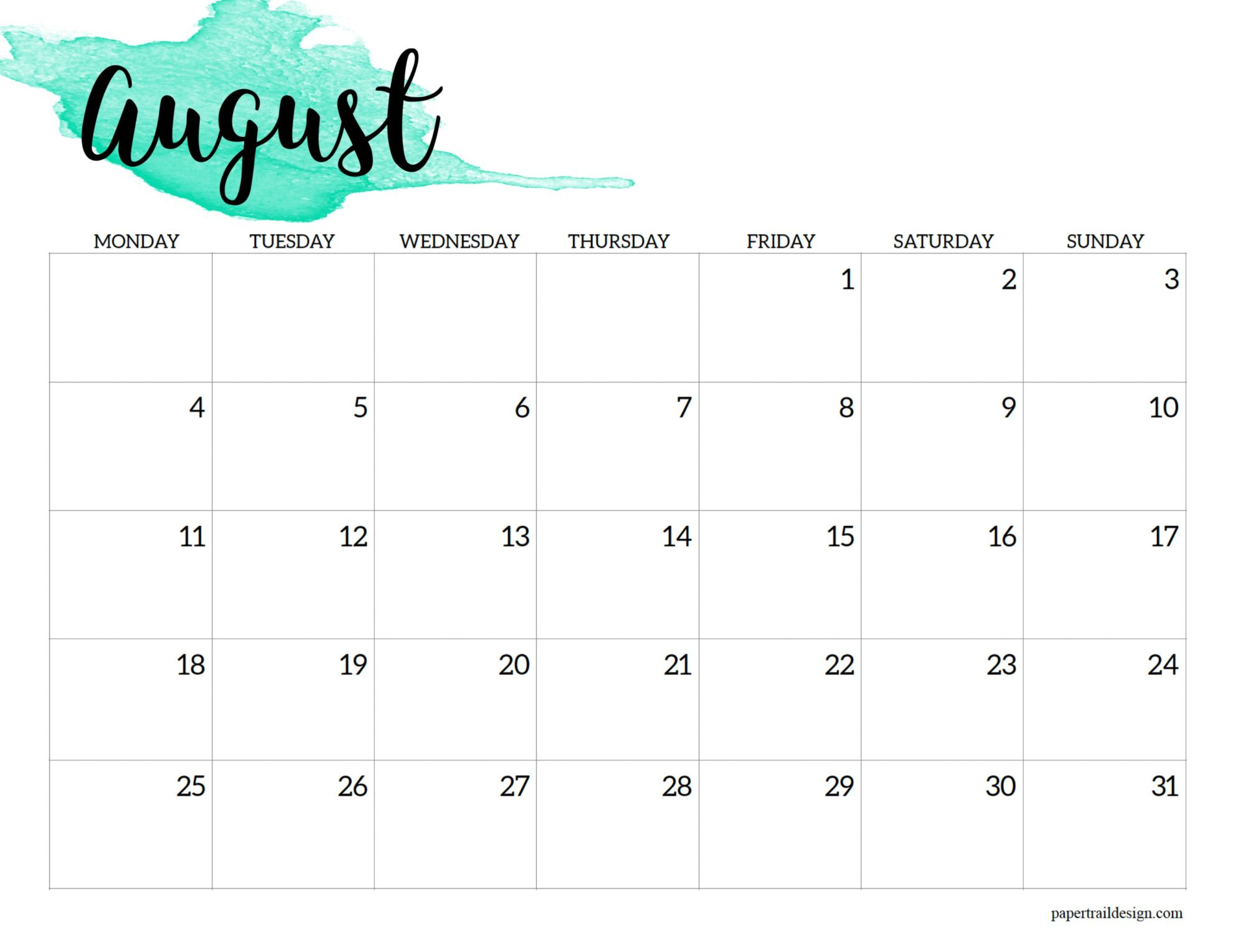 2025 Monday Start Calendar Printable - Watercolor - Paper Trail Design - August 2025 Calendar Monday Start