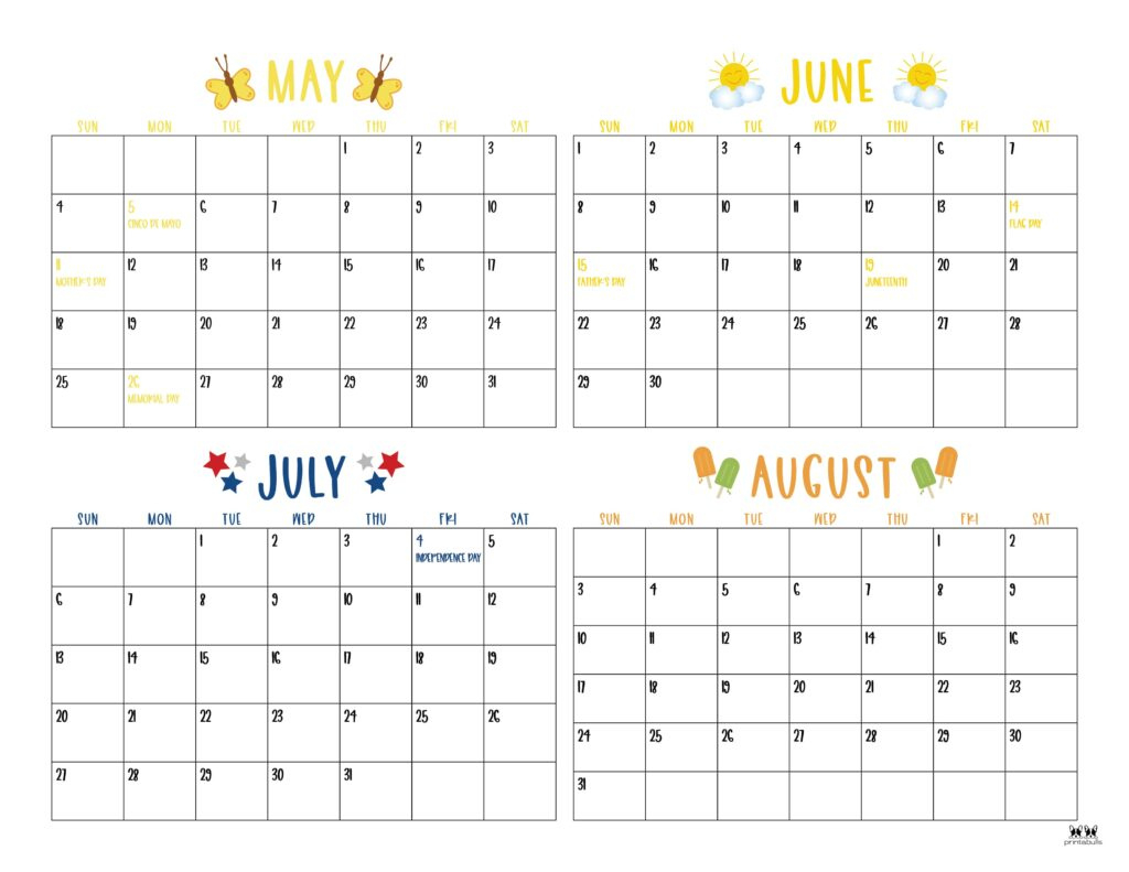 2025 Summer Calendars - 27 Free Printables | Printabulls - May August 2025 Calendar