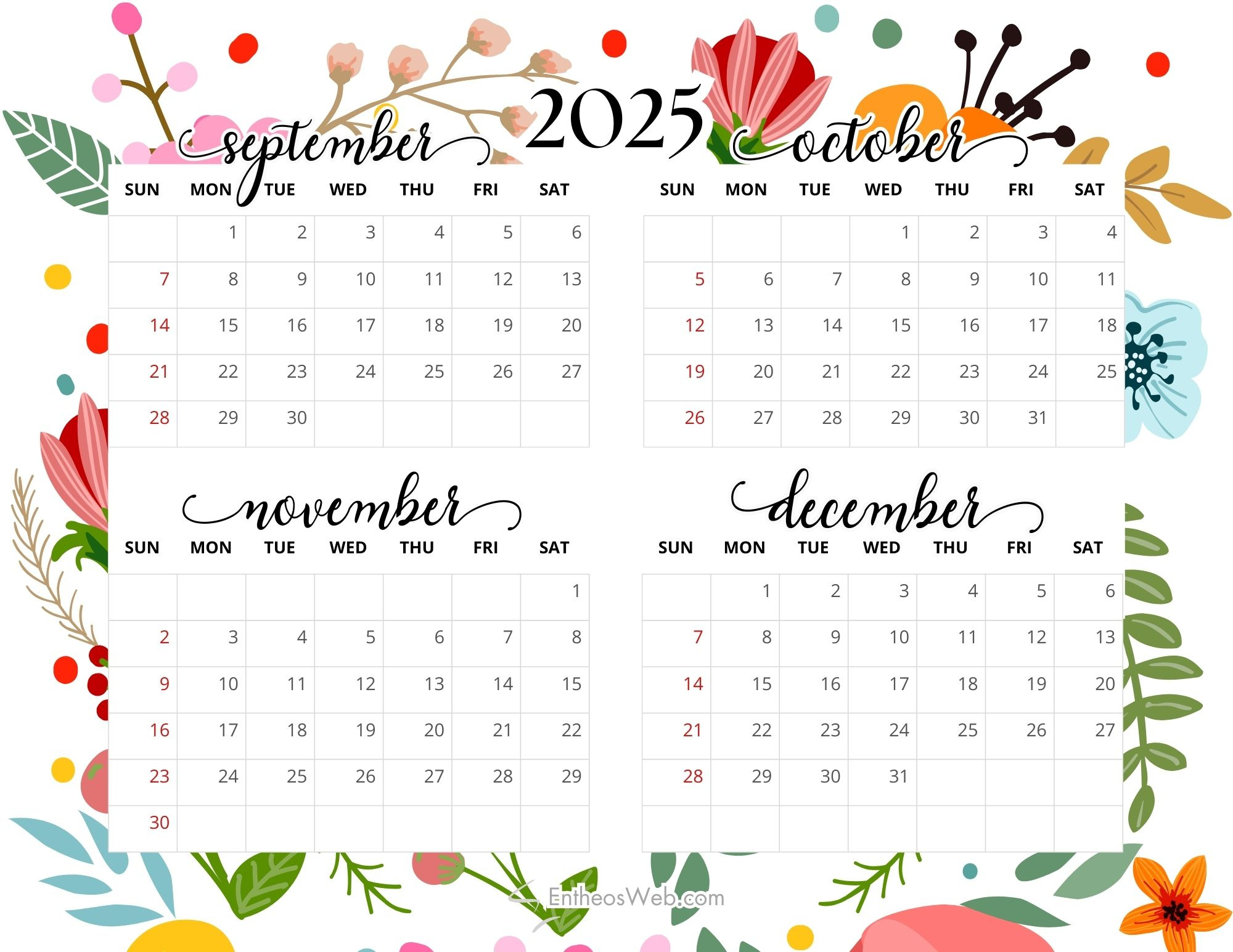 4 Month Calendar Printables – September, October, November And - August September October November December 2025 Calendar