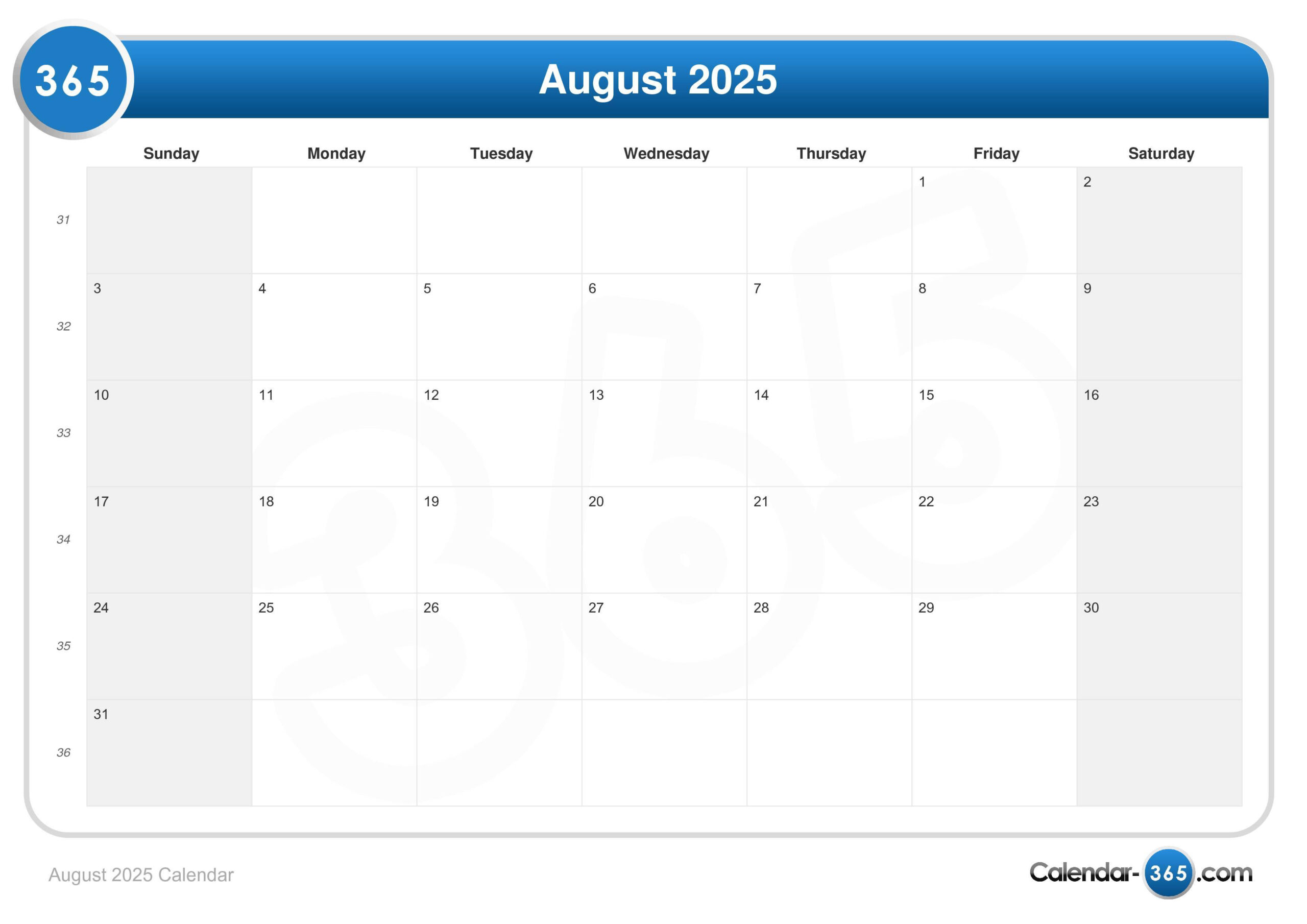 August 2025 Calendar - August 17 2025 Calendar