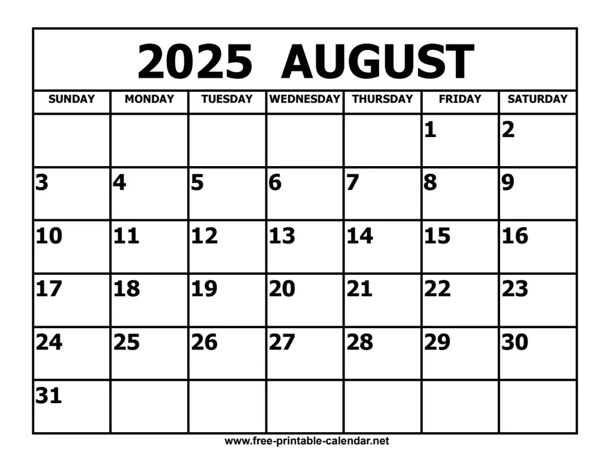 August 2025 Calendar - August 5 2025 Calendar