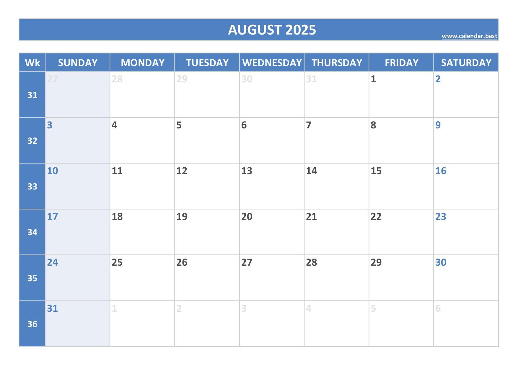 August 2025 Calendar -Calendar.best - August 13 2025 Calendar